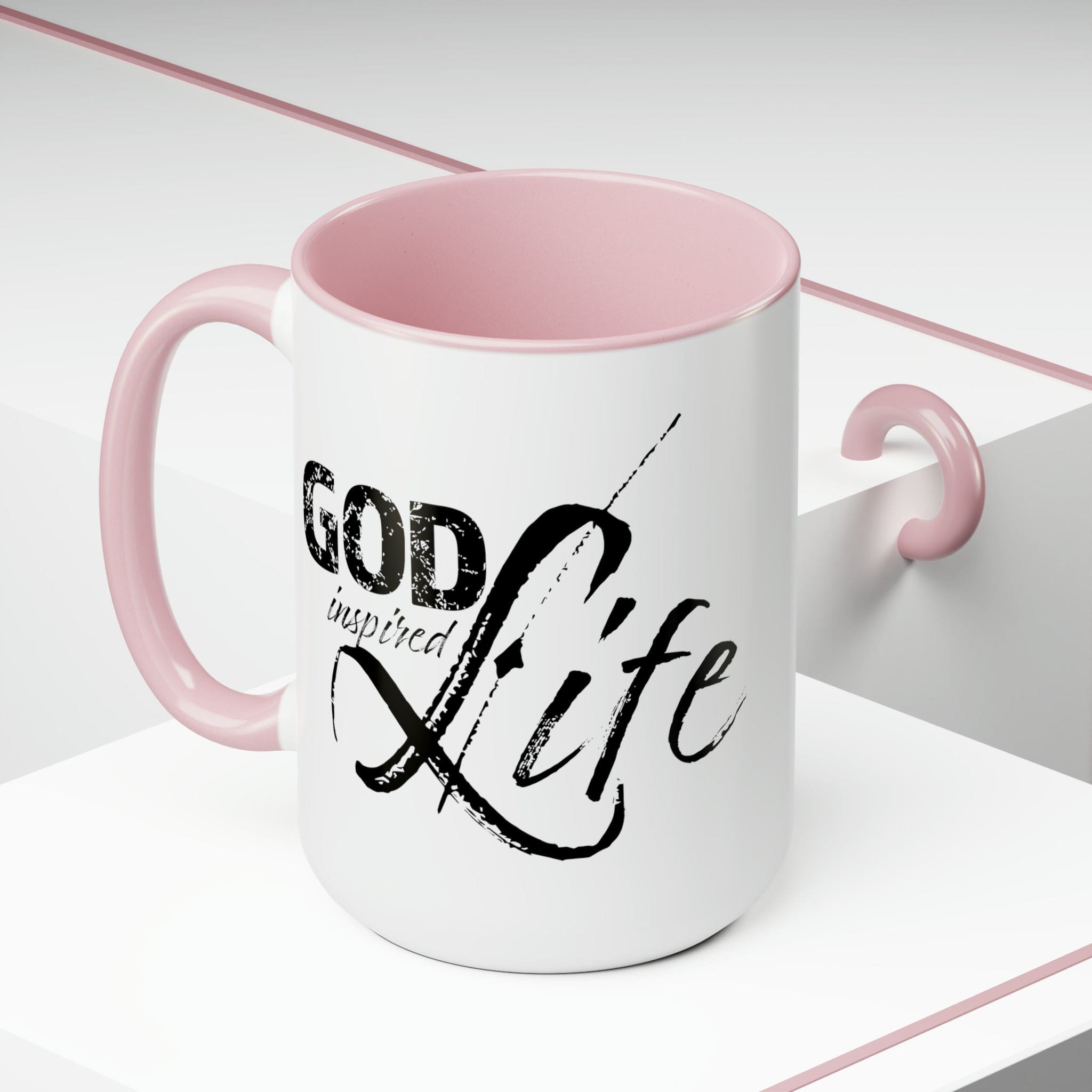 God Inspired Life Black Illustration Ceramic Coffee Mug with a two-tone design, featuring a black illustration on a white background and a colored interior.