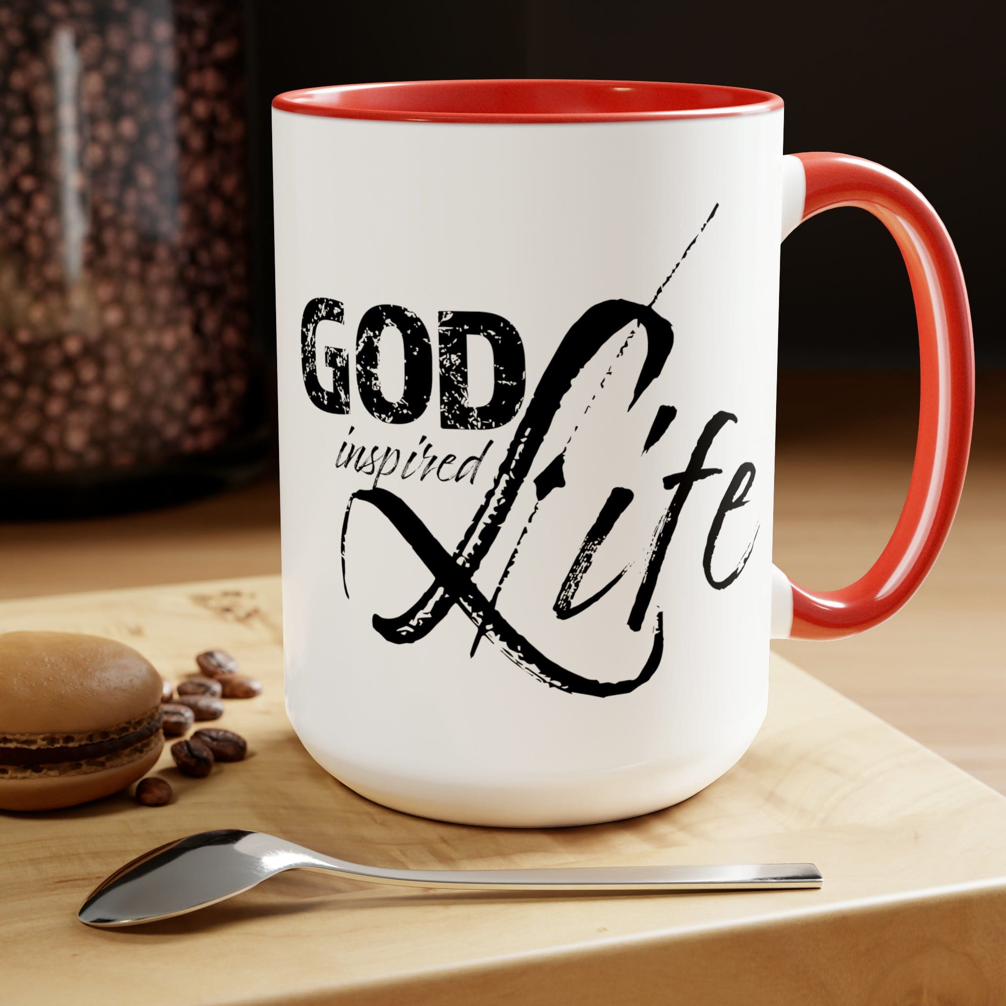 God Inspired Life Black Illustration Ceramic Coffee Mug with a two-tone design, featuring a black illustration on a white background and a colored interior.