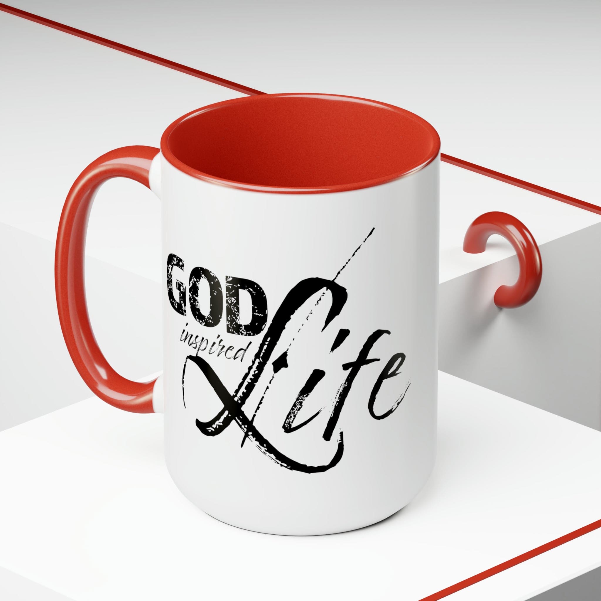 God Inspired Life Black Illustration Ceramic Coffee Mug with a two-tone design, featuring a black illustration on a white background and a colored interior.