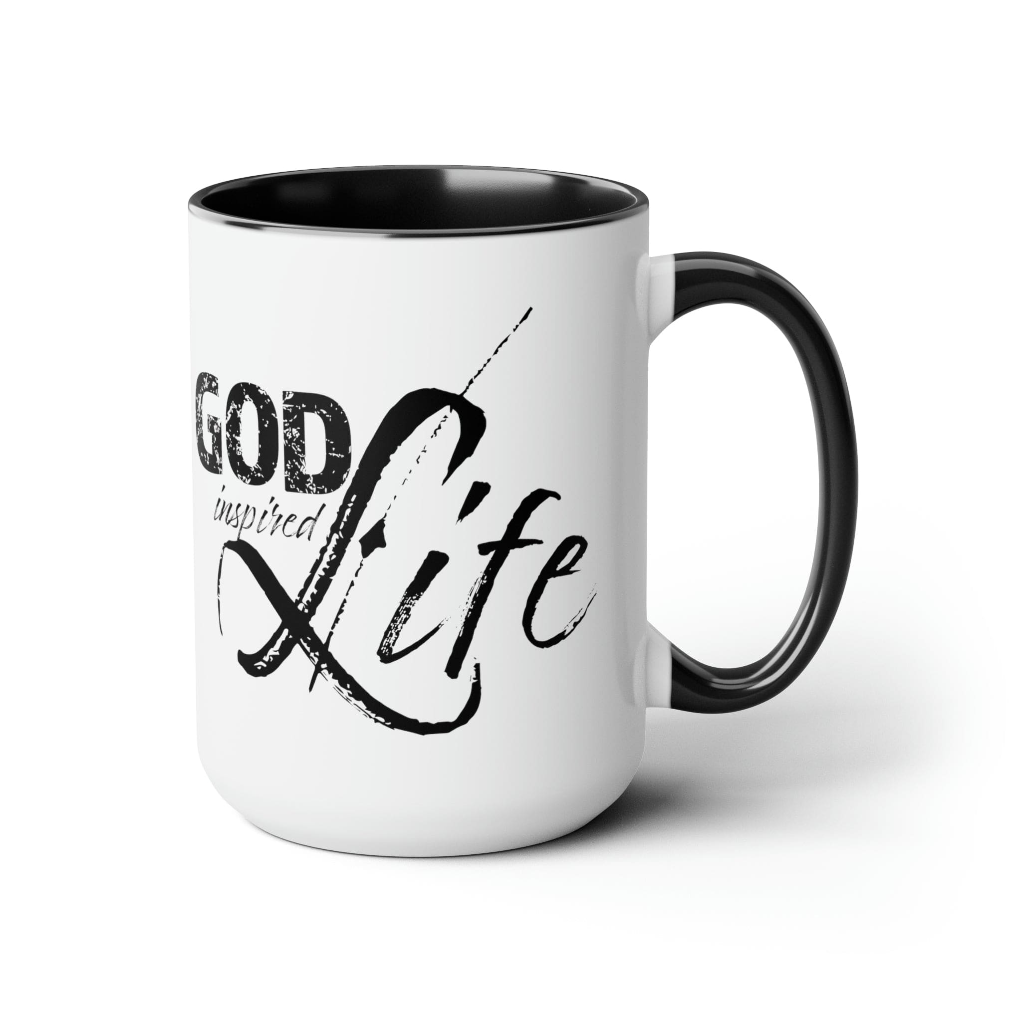 God Inspired Life Black Illustration Ceramic Coffee Mug with a two-tone design, featuring a black illustration on a white background and a colored interior.