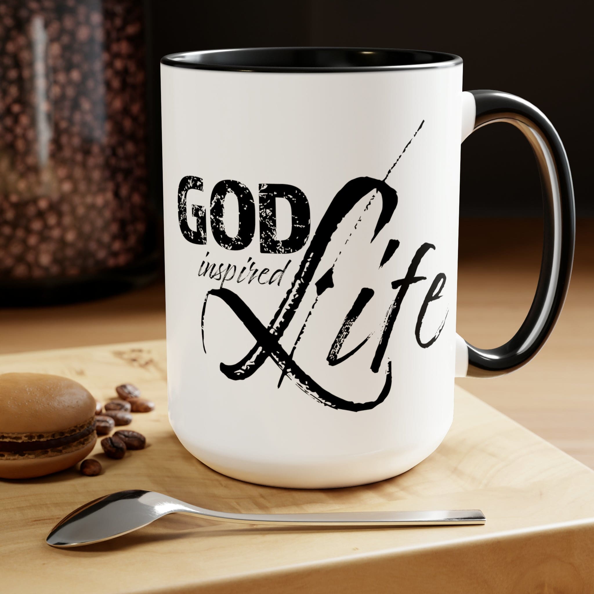 God Inspired Life Black Illustration Ceramic Coffee Mug with a two-tone design, featuring a black illustration on a white background and a colored interior.