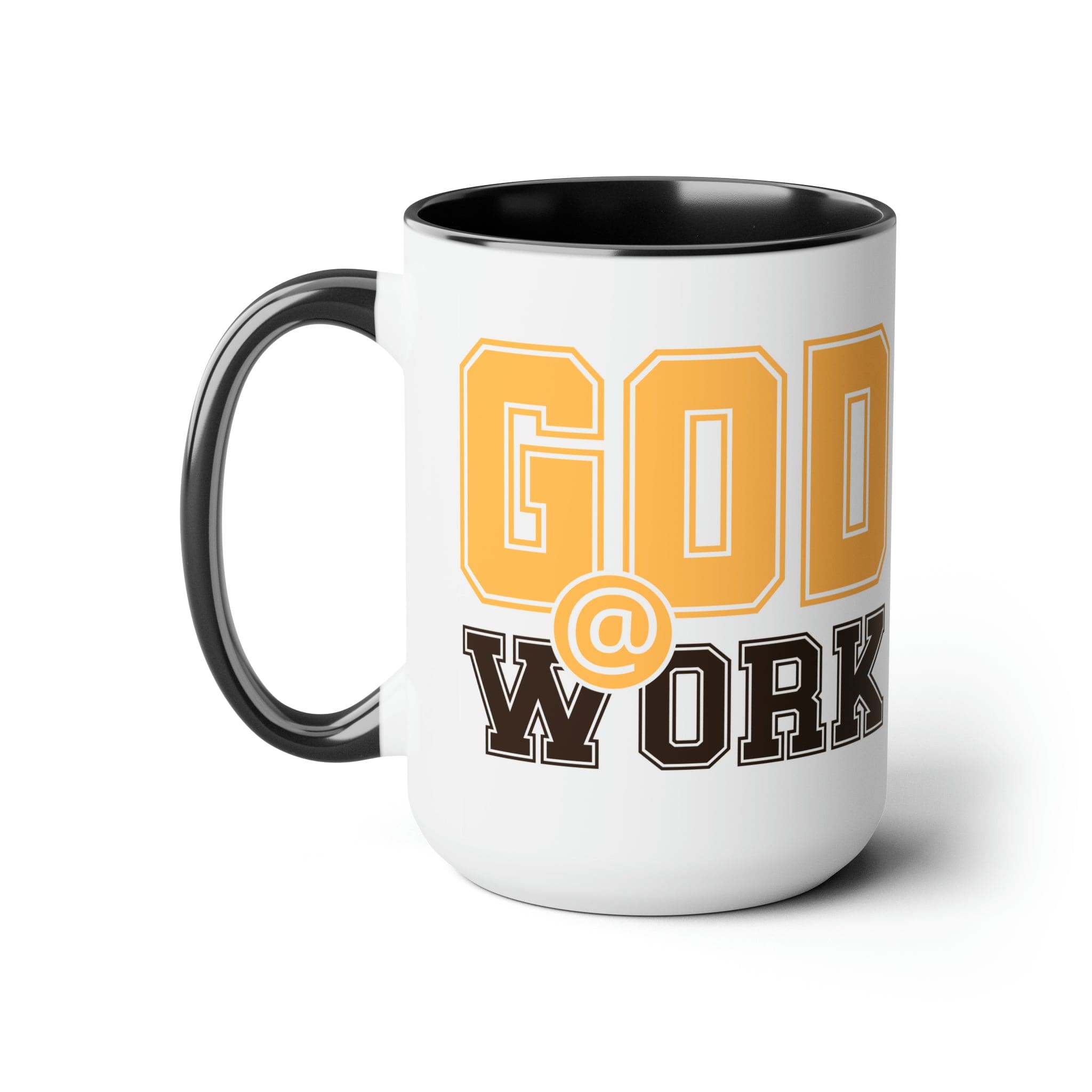 God @ Work Golden Yellow and Brown Ceramic Coffee Mug, featuring a stylish two-tone design and comfortable C-handle.