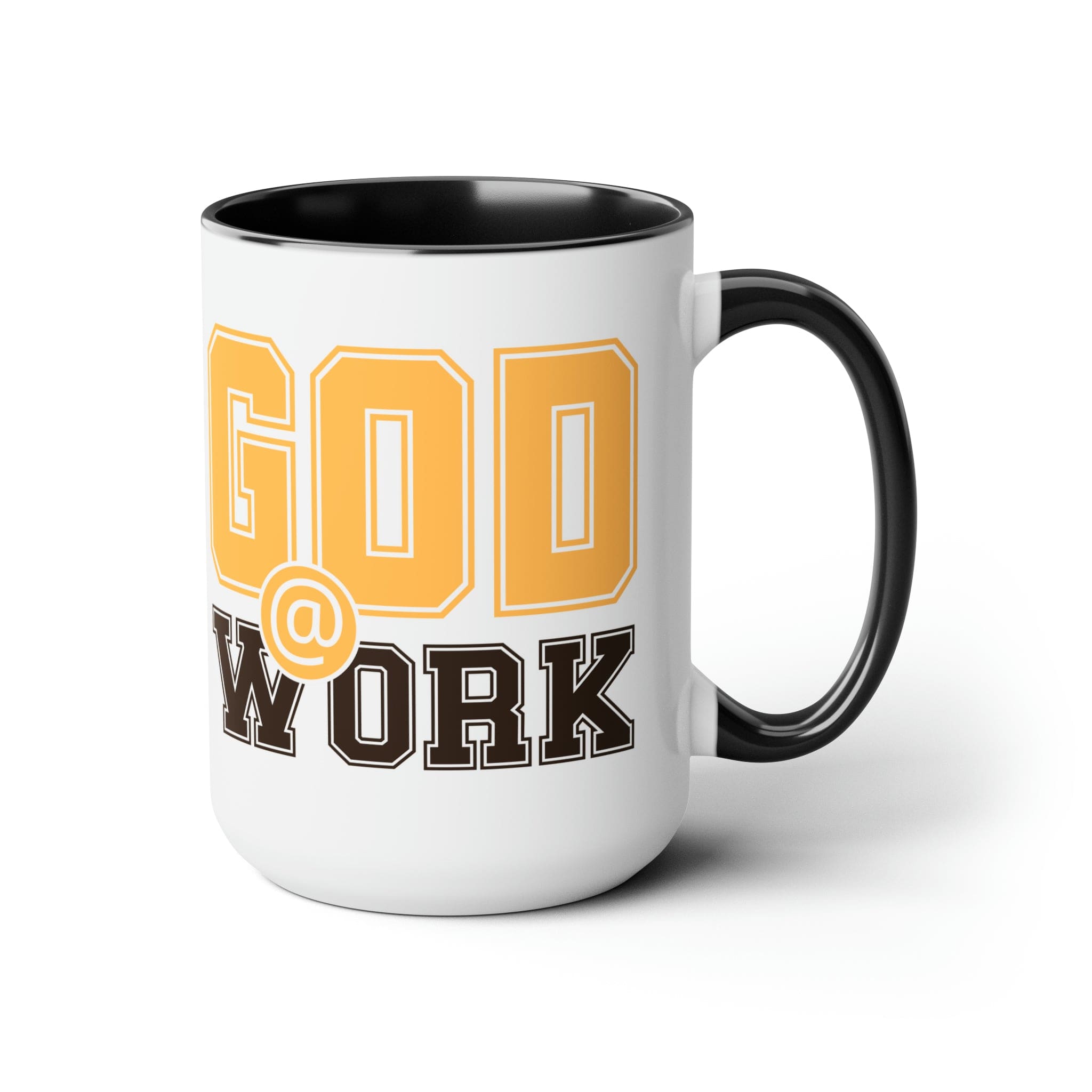 God @ Work Golden Yellow and Brown Ceramic Coffee Mug, featuring a stylish two-tone design and comfortable C-handle.