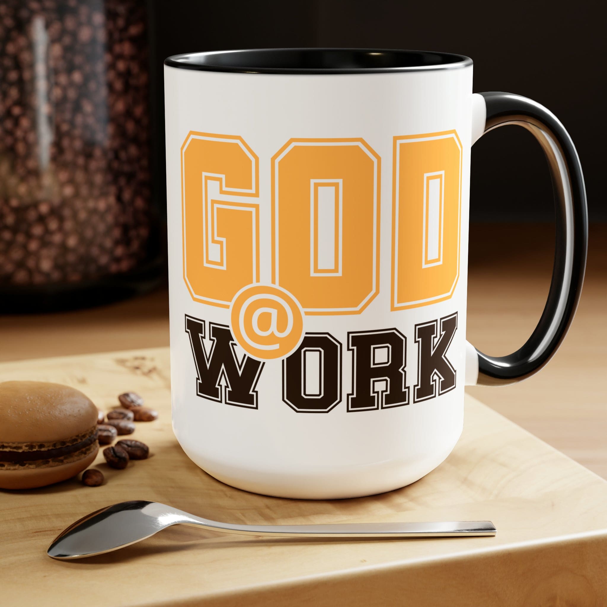 God @ Work Golden Yellow and Brown Ceramic Coffee Mug, featuring a stylish two-tone design and comfortable C-handle.