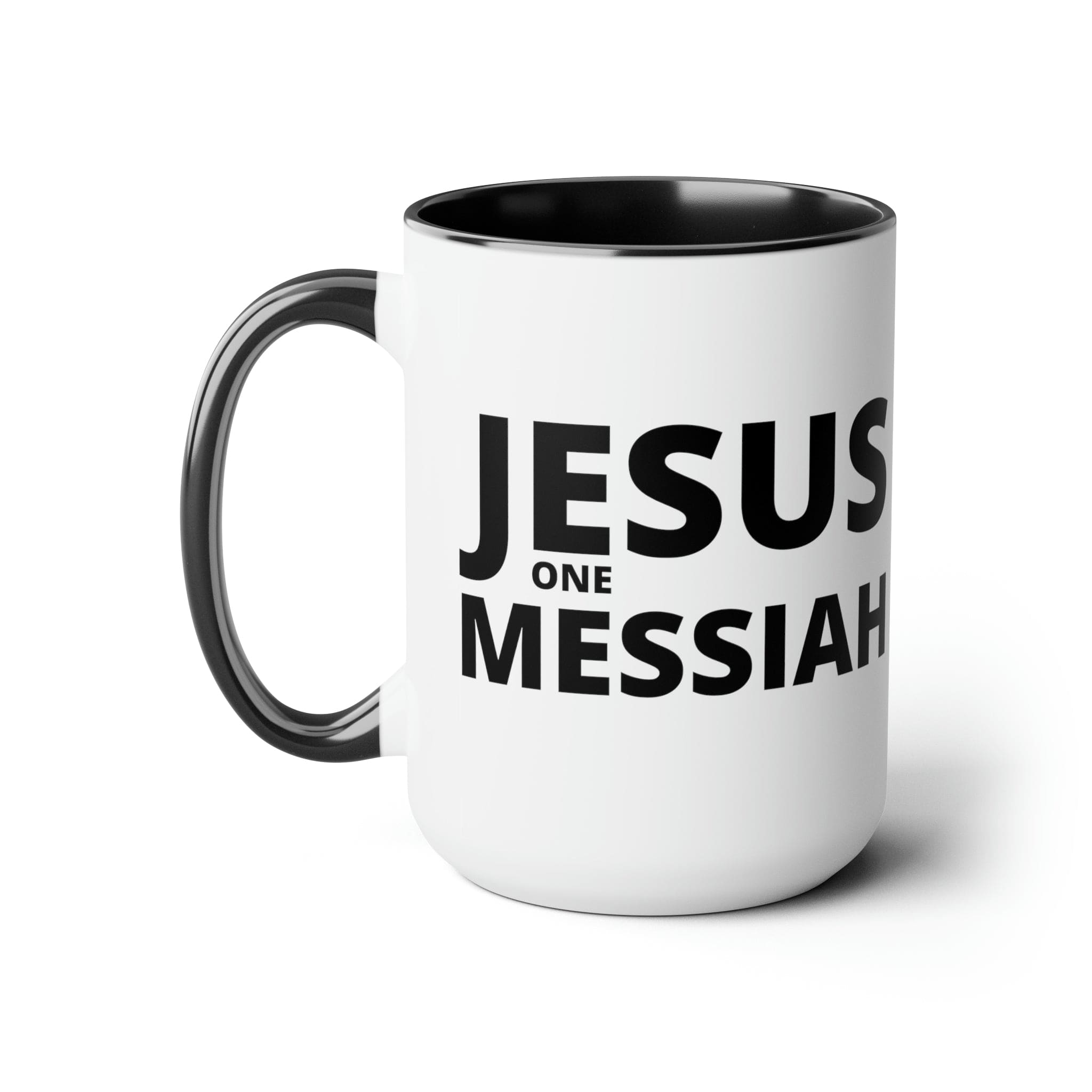 Accent Ceramic Coffee Mug 15oz featuring a black illustration of Jesus One Messiah, with a colored interior and handle.