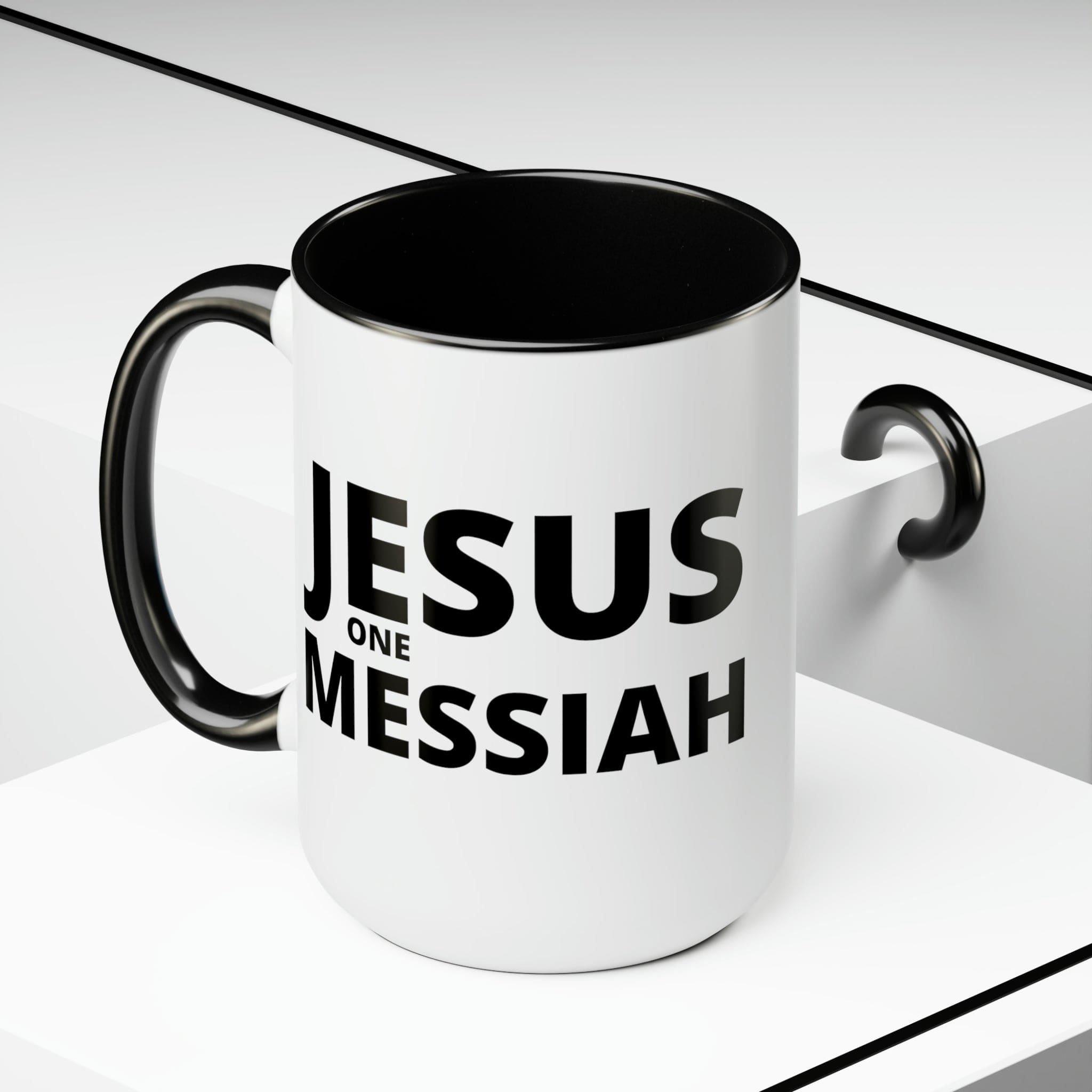 Accent Ceramic Coffee Mug 15oz featuring a black illustration of Jesus One Messiah, with a colored interior and handle.