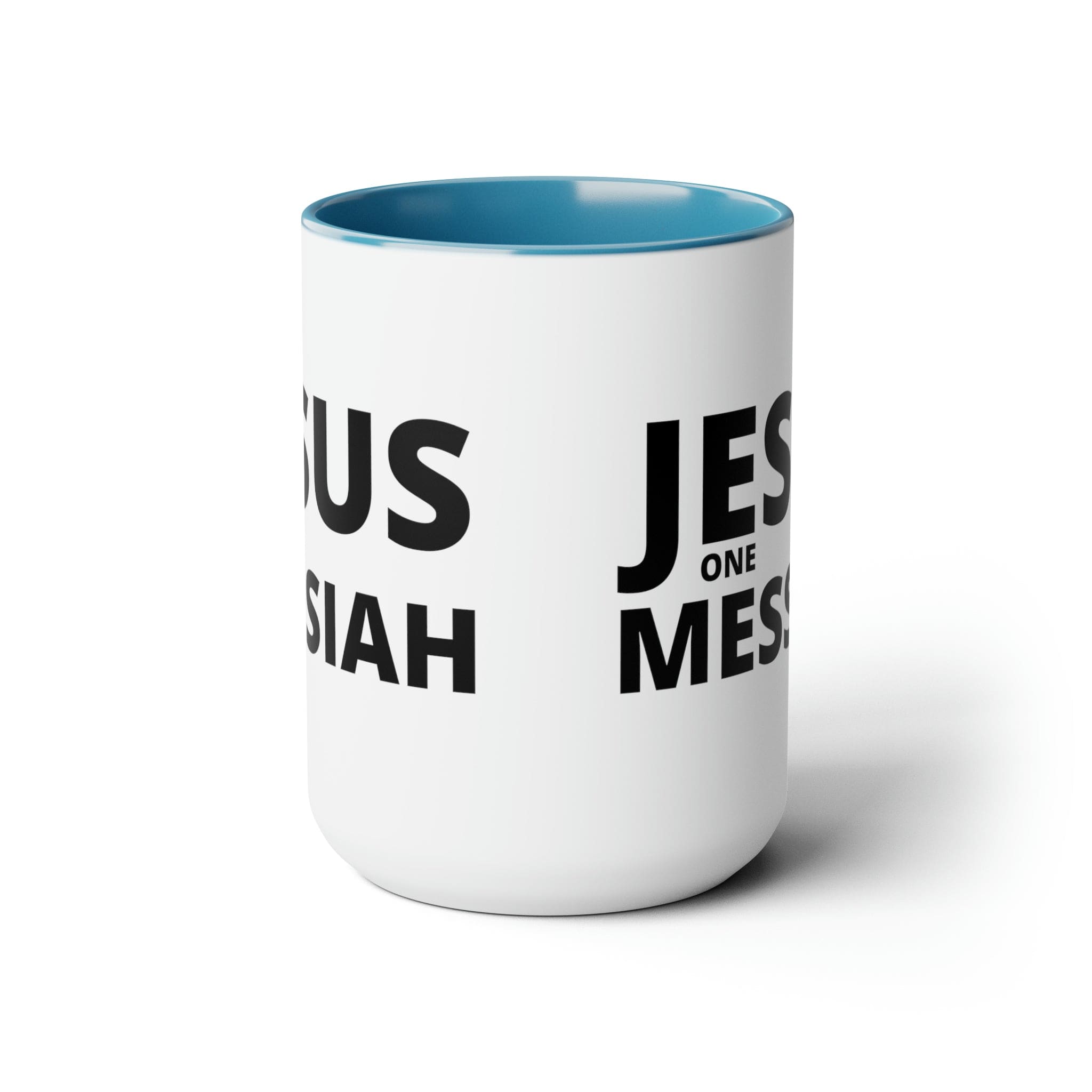 Accent Ceramic Coffee Mug 15oz featuring a black illustration of Jesus One Messiah, with a colored interior and handle.