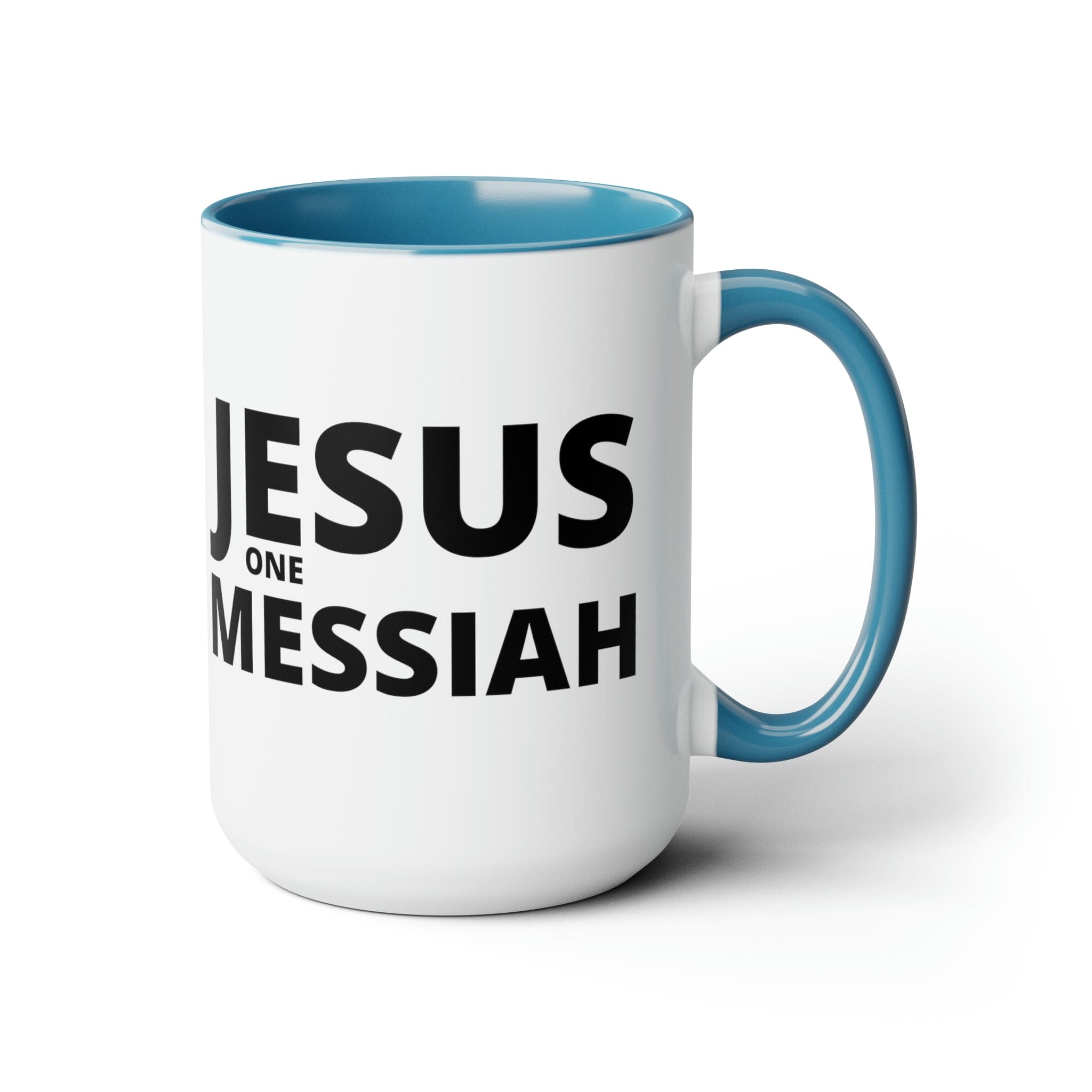 Accent Ceramic Coffee Mug 15oz featuring a black illustration of Jesus One Messiah, with a colored interior and handle.