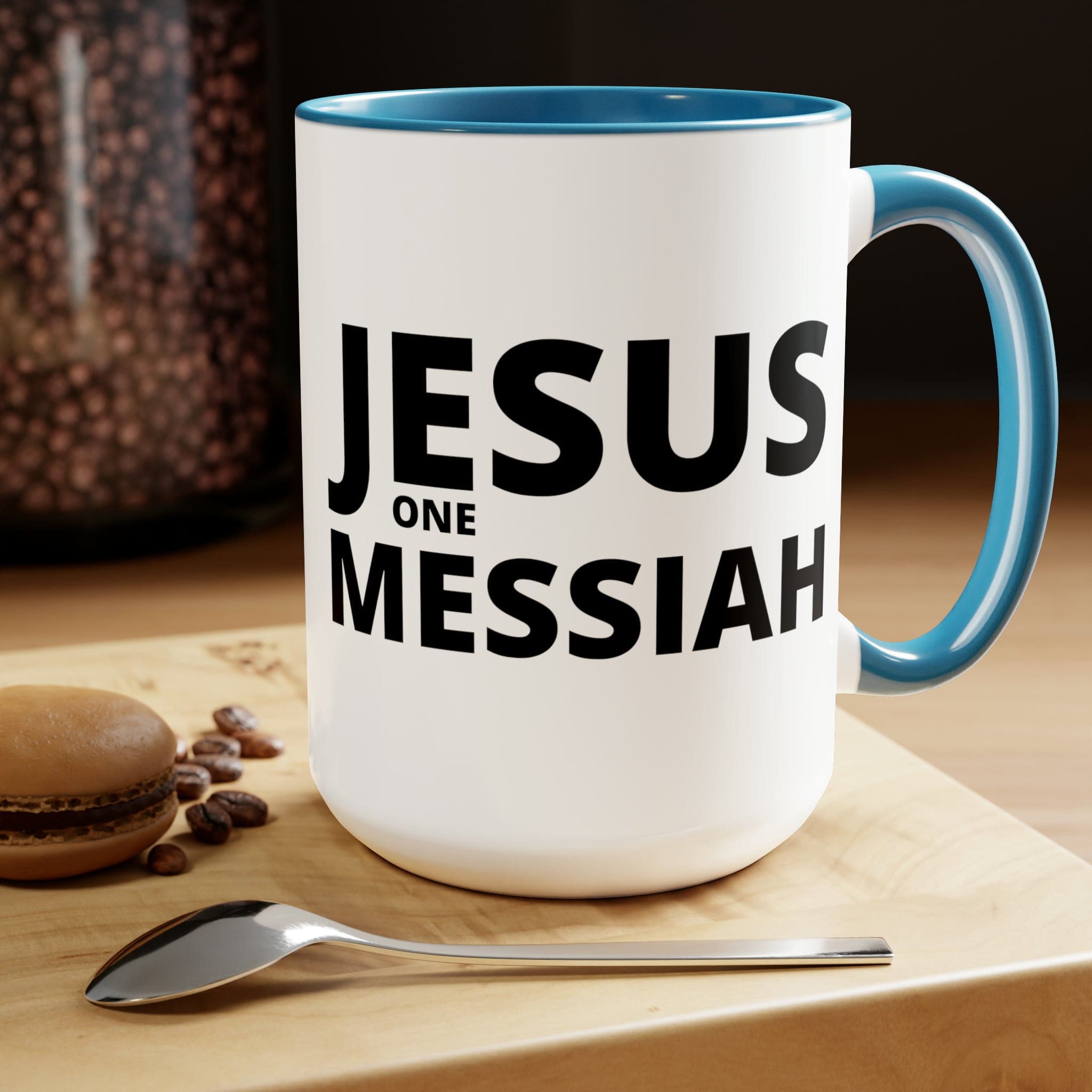 Accent Ceramic Coffee Mug 15oz featuring a black illustration of Jesus One Messiah, with a colored interior and handle.