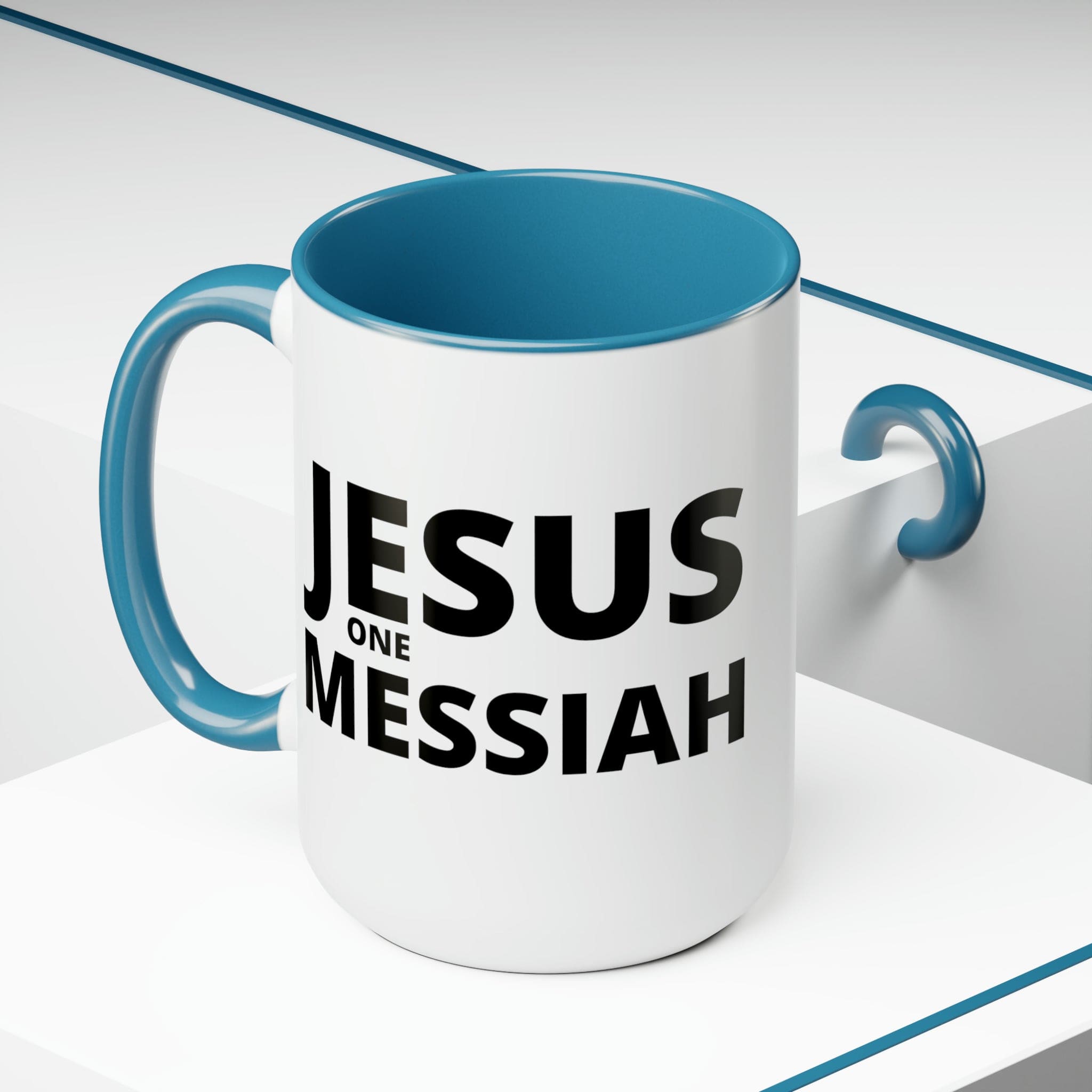 Accent Ceramic Coffee Mug 15oz featuring a black illustration of Jesus One Messiah, with a colored interior and handle.