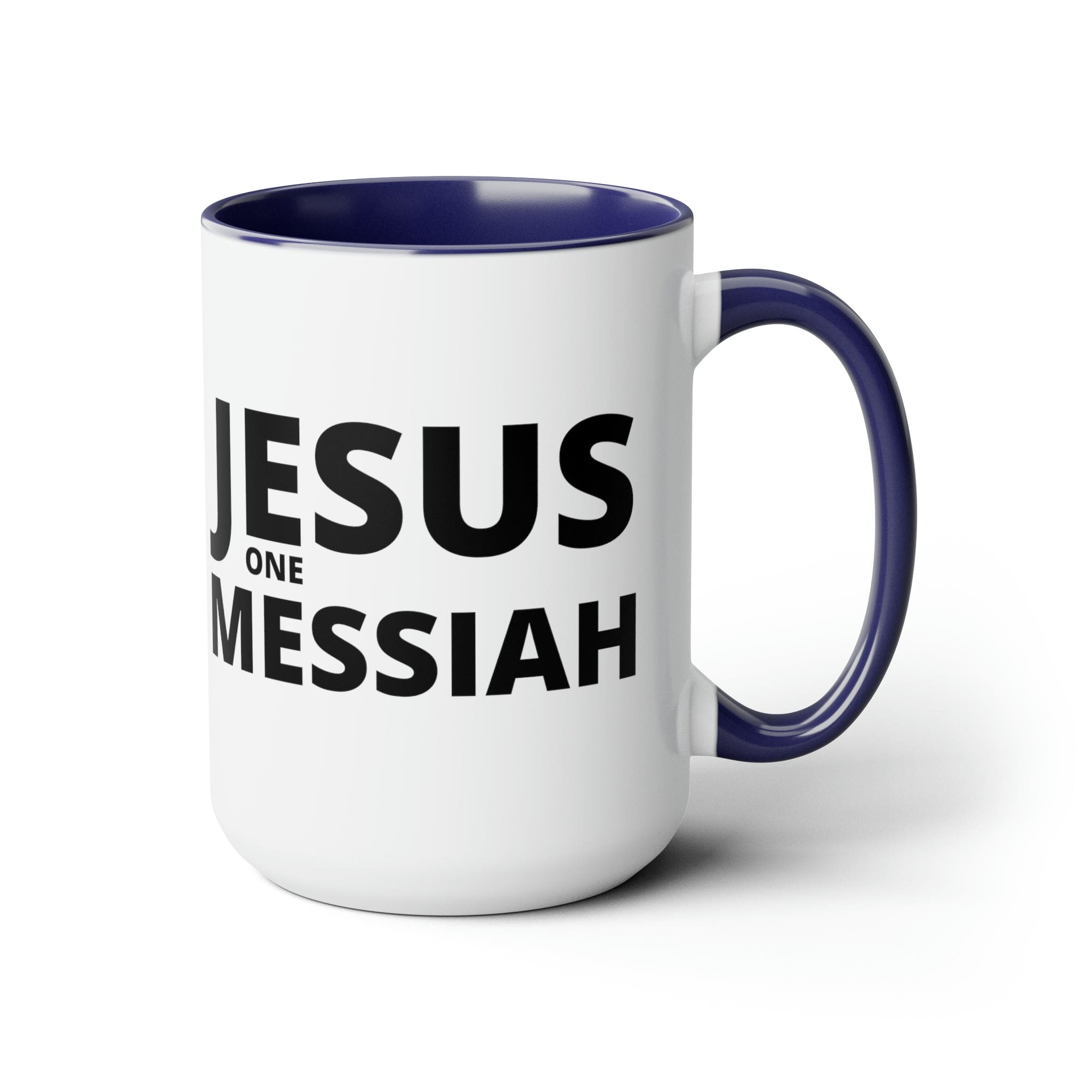 Accent Ceramic Coffee Mug 15oz featuring a black illustration of Jesus One Messiah, with a colored interior and handle.