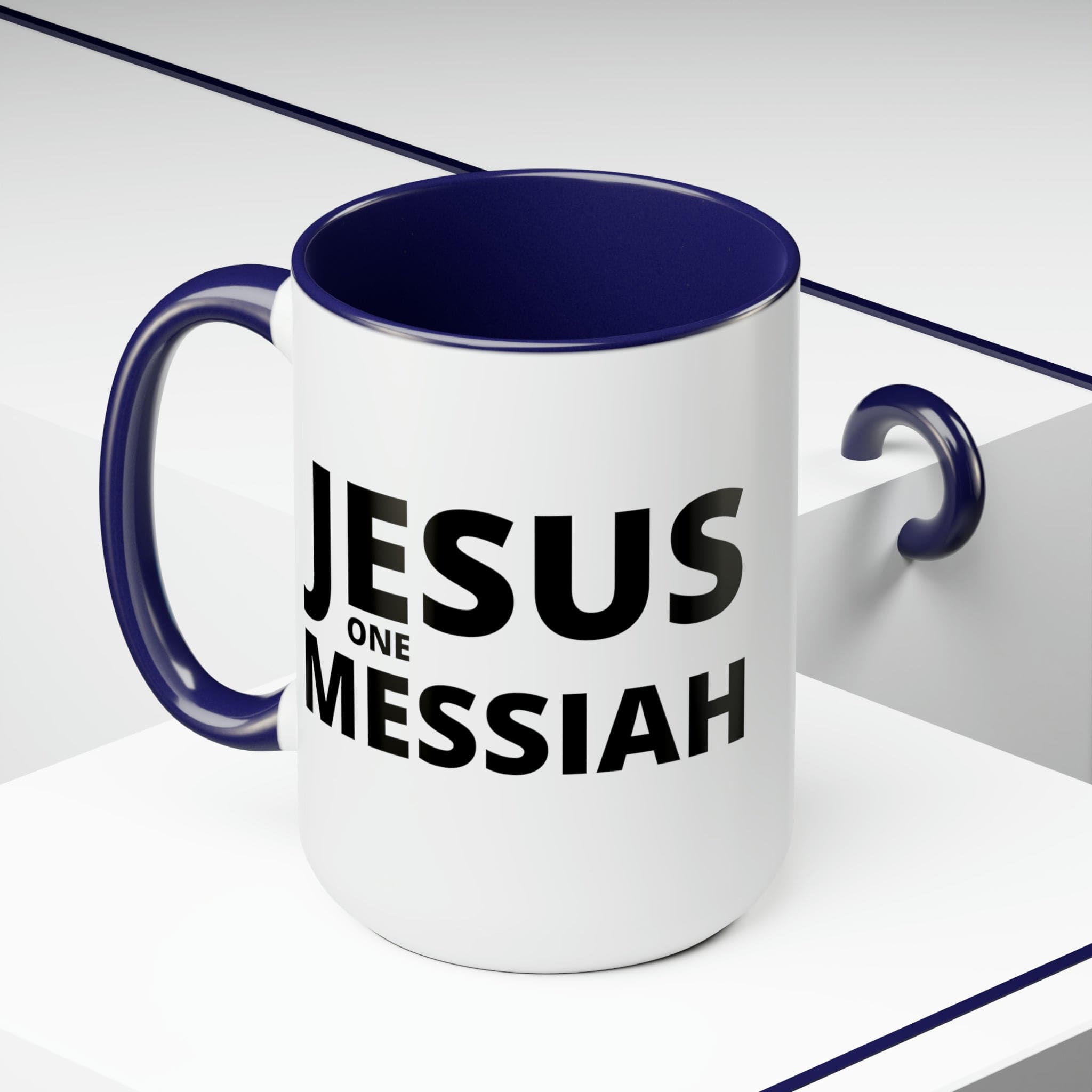 Accent Ceramic Coffee Mug 15oz featuring a black illustration of Jesus One Messiah, with a colored interior and handle.