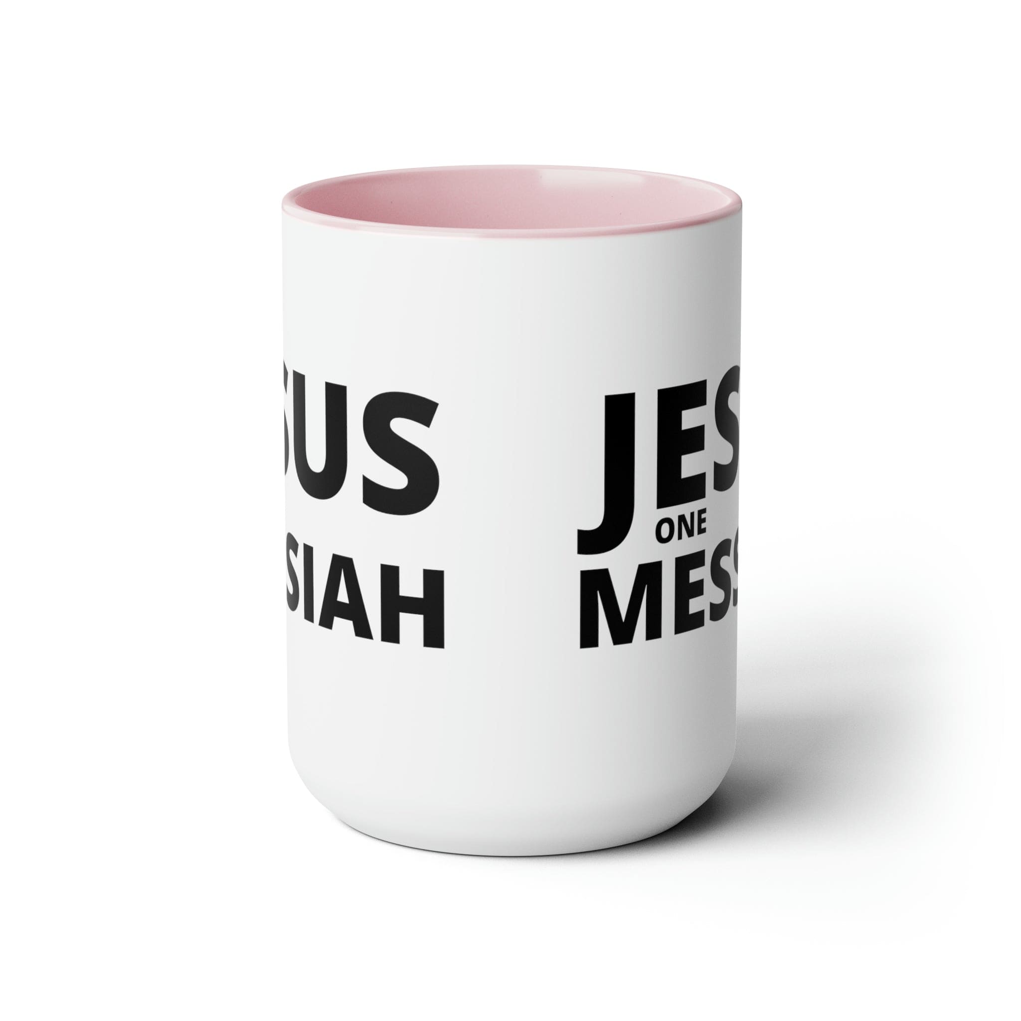 Accent Ceramic Coffee Mug 15oz featuring a black illustration of Jesus One Messiah, with a colored interior and handle.