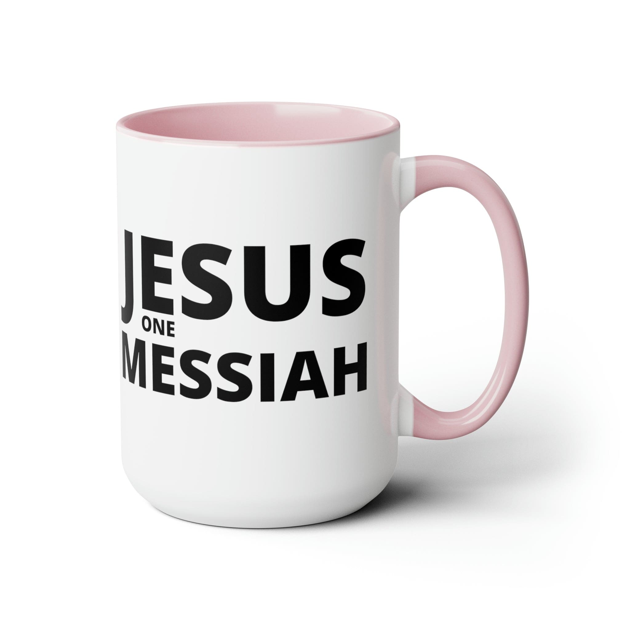 Accent Ceramic Coffee Mug 15oz featuring a black illustration of Jesus One Messiah, with a colored interior and handle.