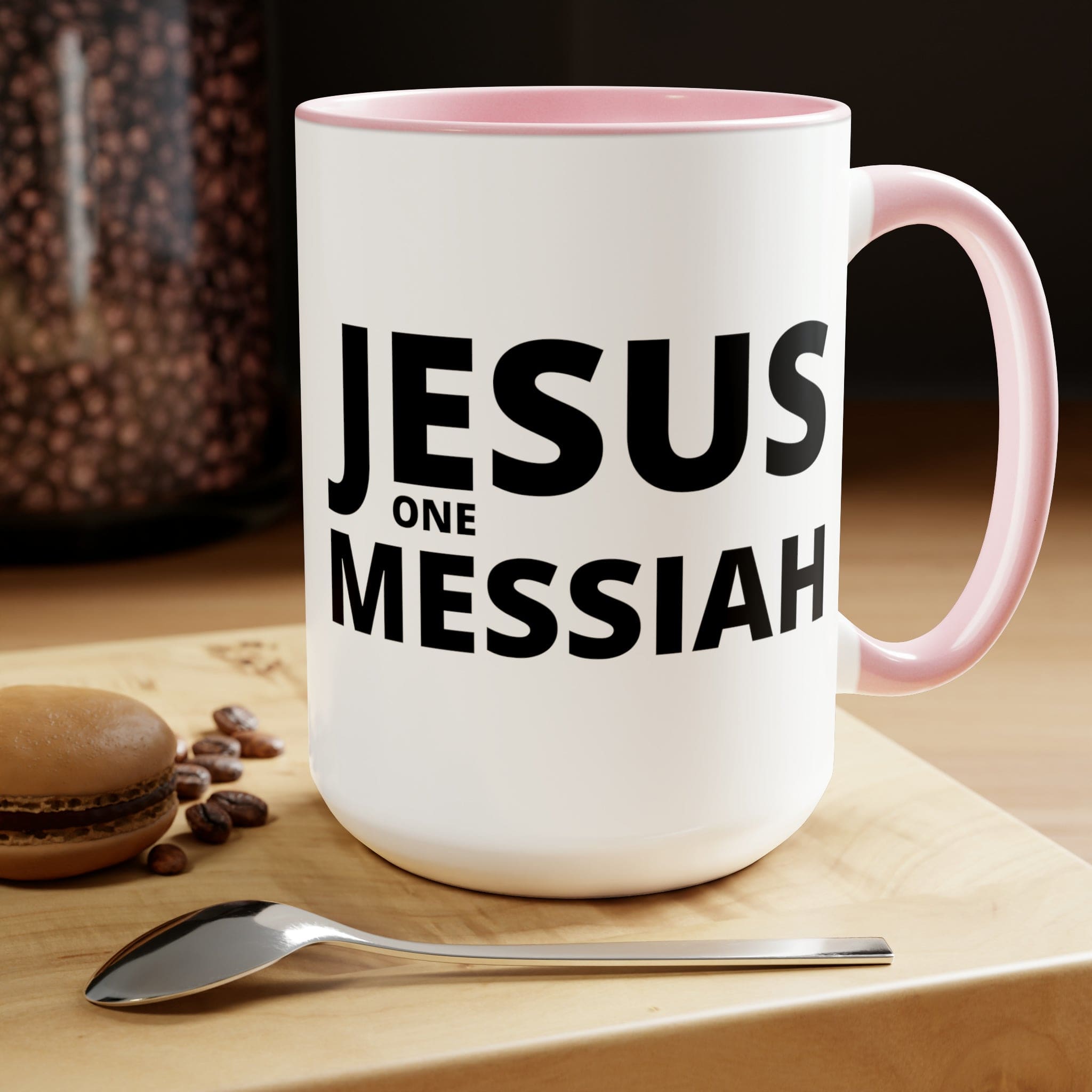 Accent Ceramic Coffee Mug 15oz featuring a black illustration of Jesus One Messiah, with a colored interior and handle.