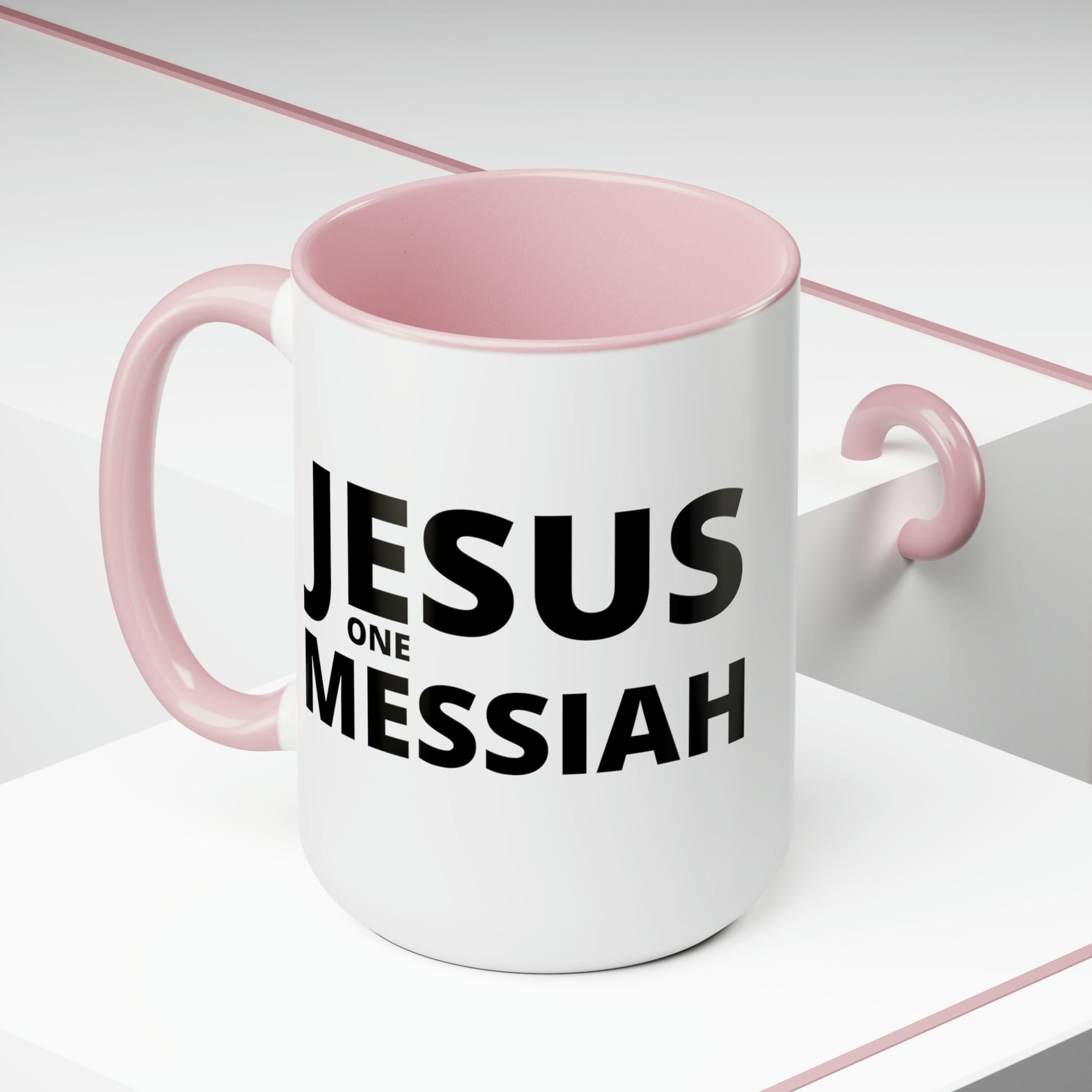 Accent Ceramic Coffee Mug 15oz featuring a black illustration of Jesus One Messiah, with a colored interior and handle.