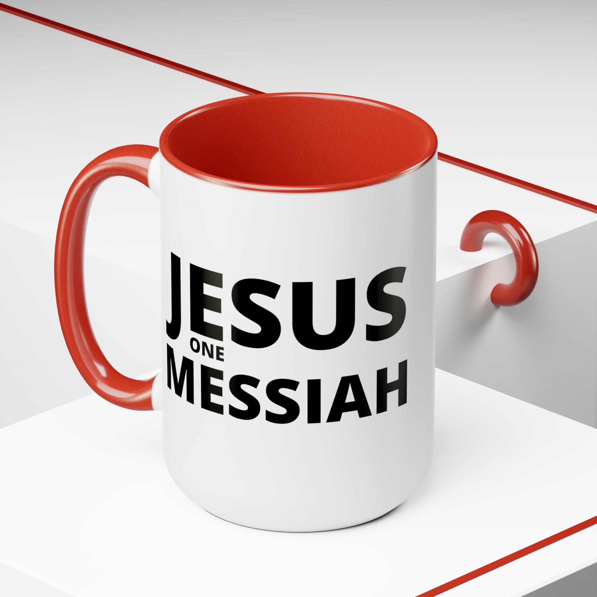 Accent Ceramic Coffee Mug 15oz featuring a black illustration of Jesus One Messiah, with a colored interior and handle.