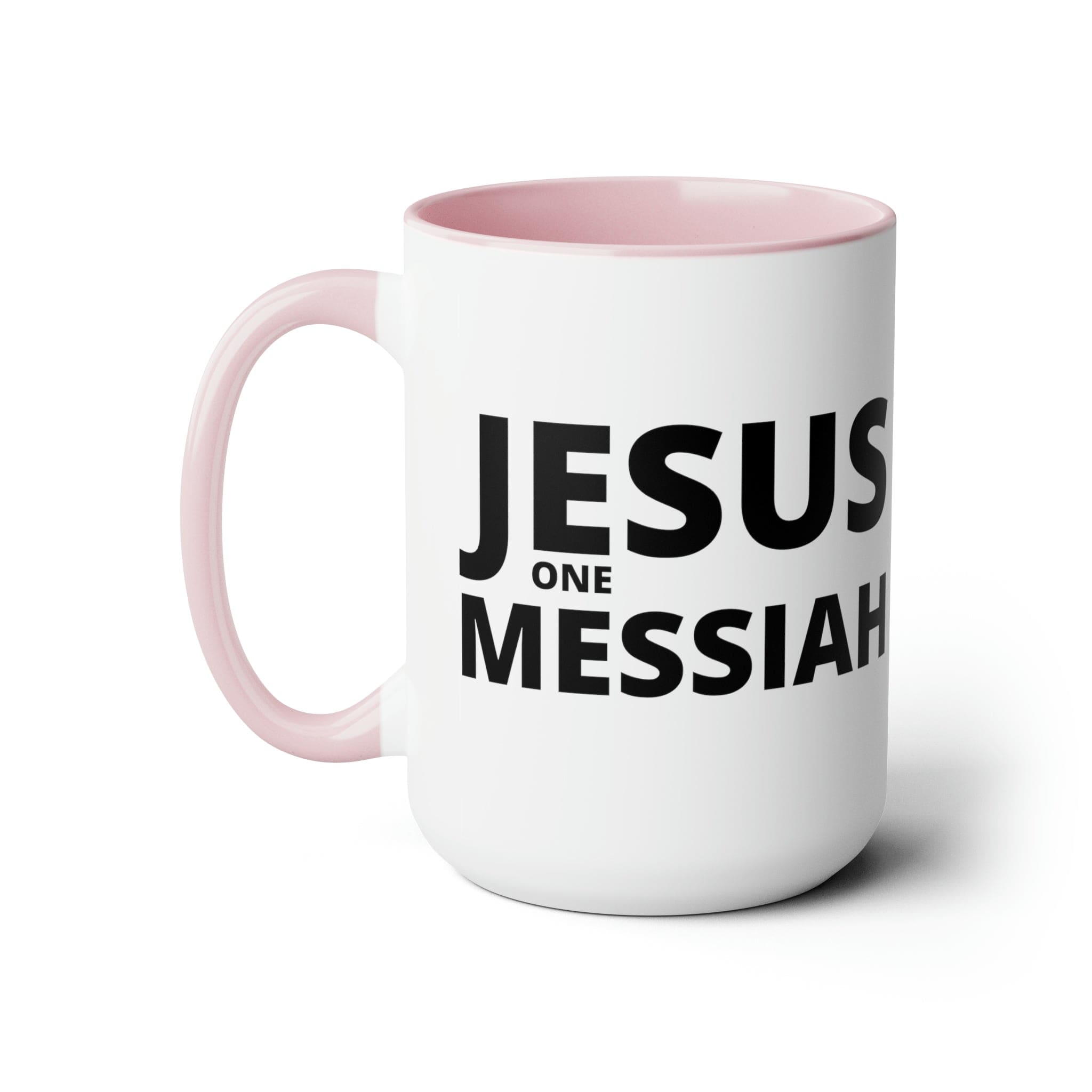 Accent Ceramic Coffee Mug 15oz featuring a black illustration of Jesus One Messiah, with a colored interior and handle.