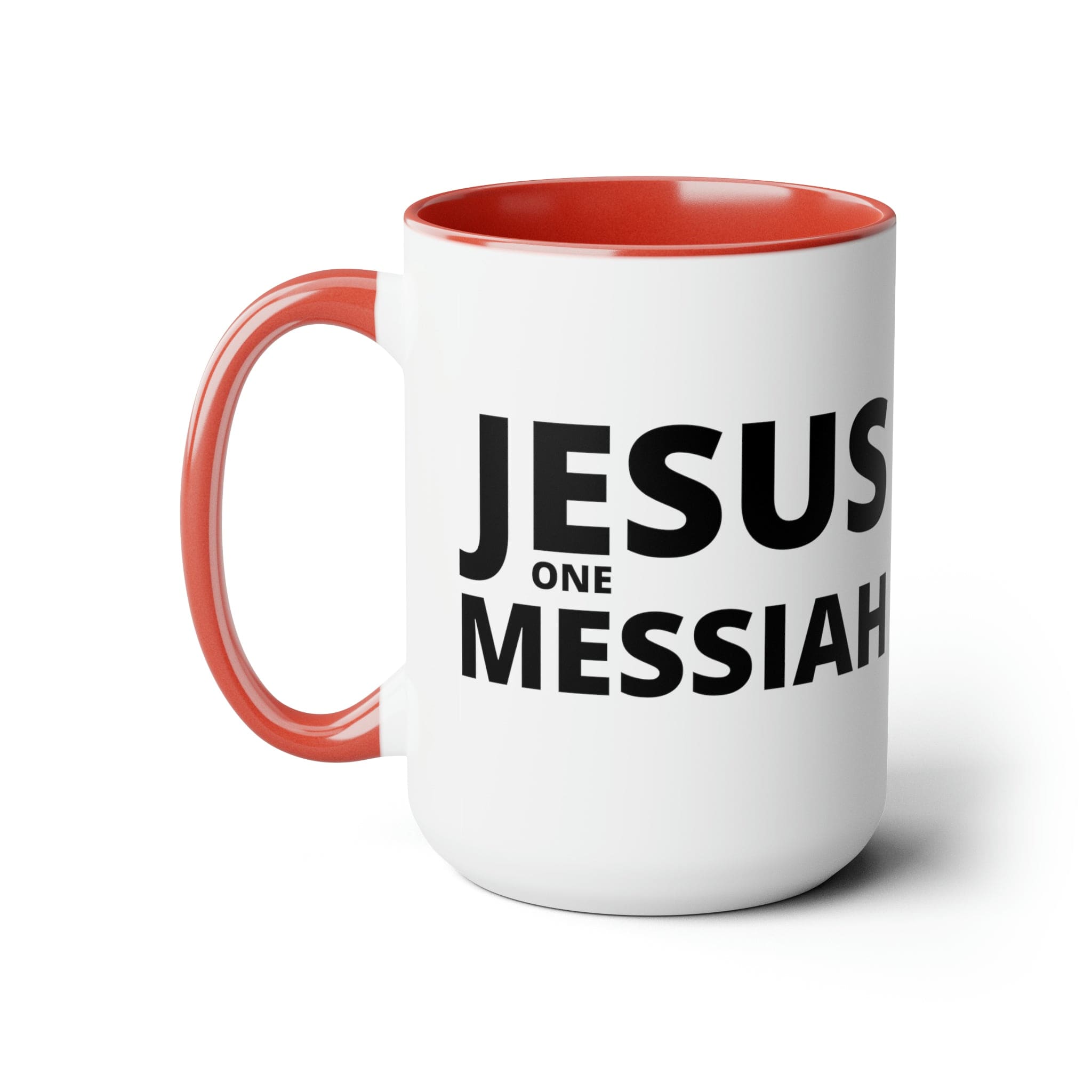 Accent Ceramic Coffee Mug 15oz featuring a black illustration of Jesus One Messiah, with a colored interior and handle.