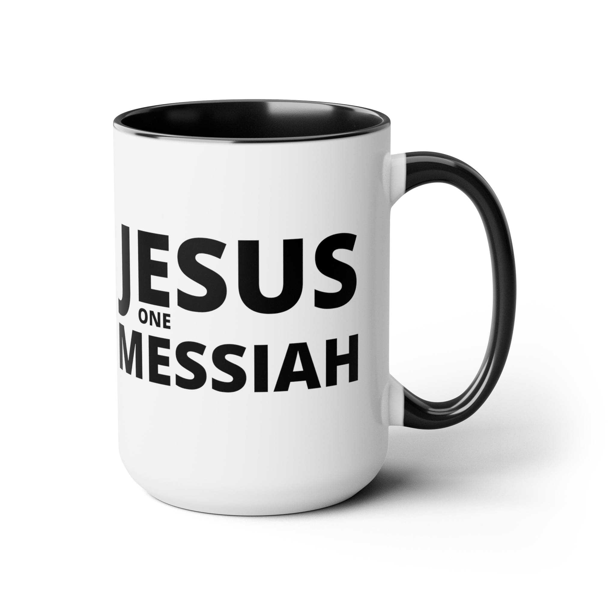 Accent Ceramic Coffee Mug 15oz featuring a black illustration of Jesus One Messiah, with a colored interior and handle.