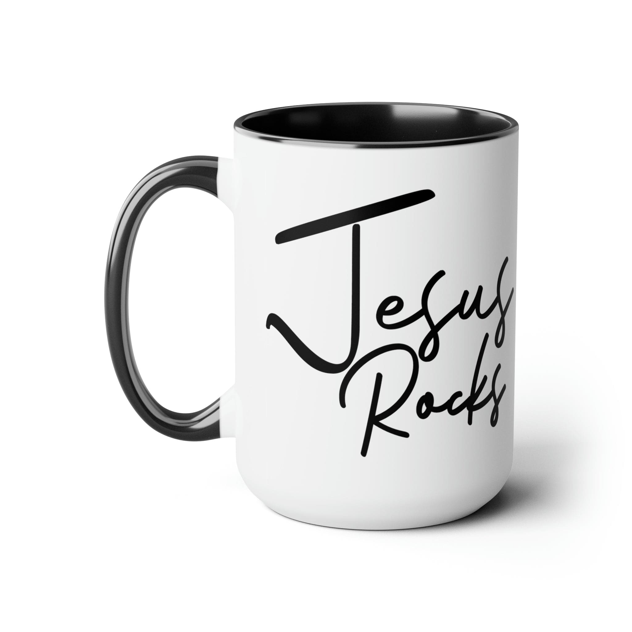 Black ceramic coffee mug with 'Jesus Rocks' text, featuring a colored interior and handle, perfect for hot and cold beverages.