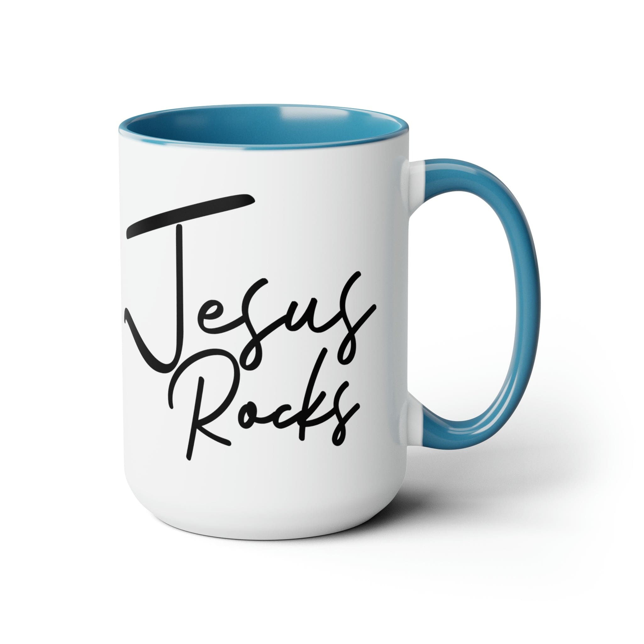 Black ceramic coffee mug with 'Jesus Rocks' text, featuring a colored interior and handle, perfect for hot and cold beverages.