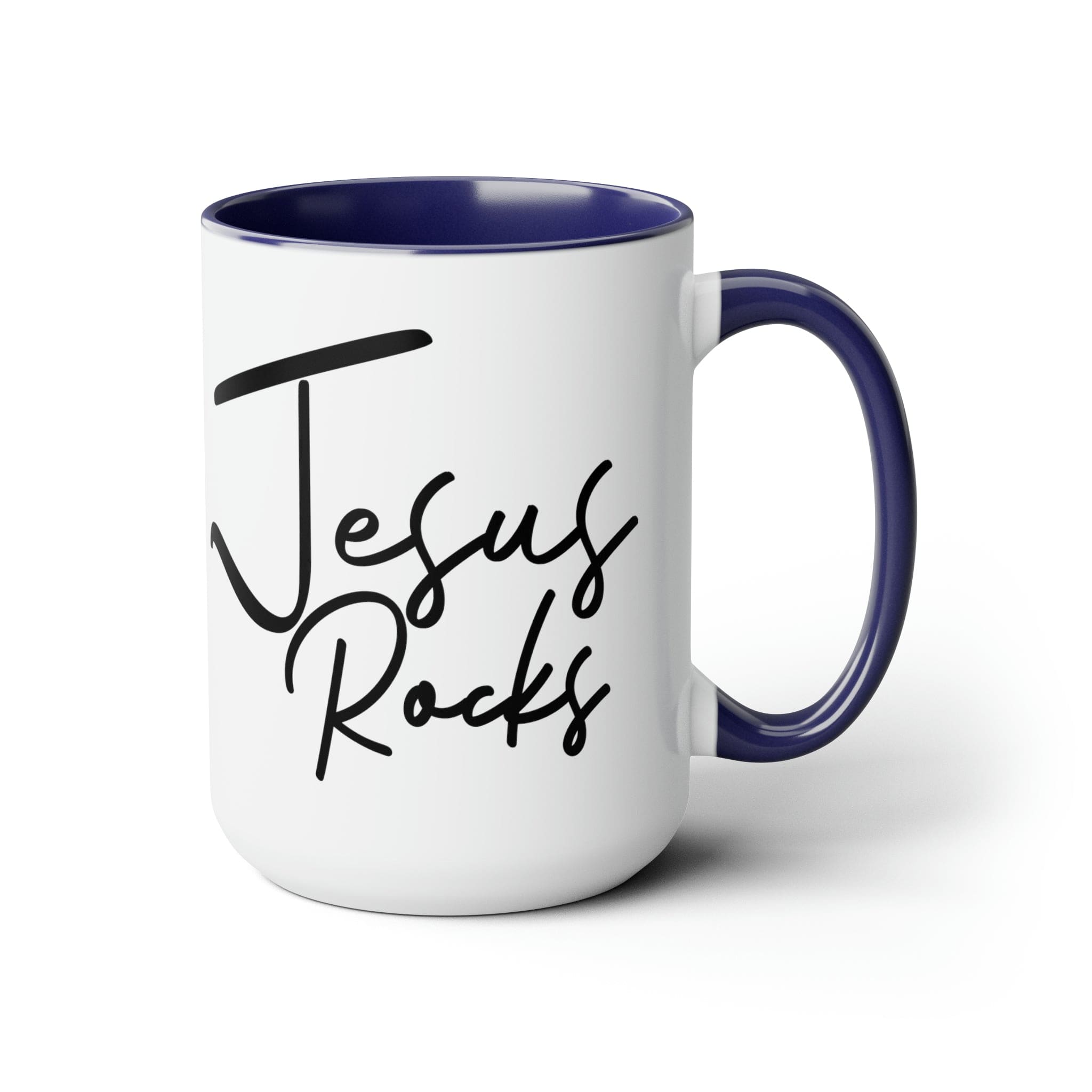 Black ceramic coffee mug with 'Jesus Rocks' text, featuring a colored interior and handle, perfect for hot and cold beverages.