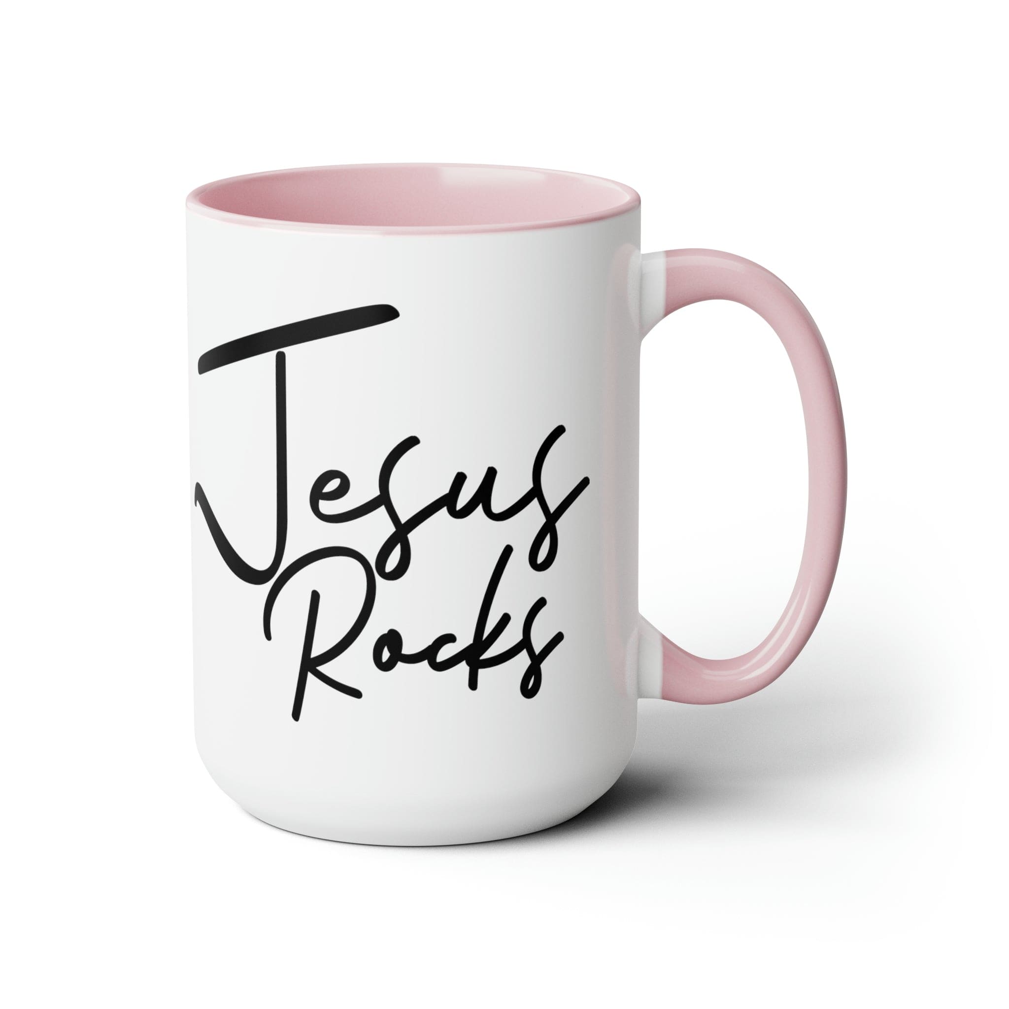 Black ceramic coffee mug with 'Jesus Rocks' text, featuring a colored interior and handle, perfect for hot and cold beverages.