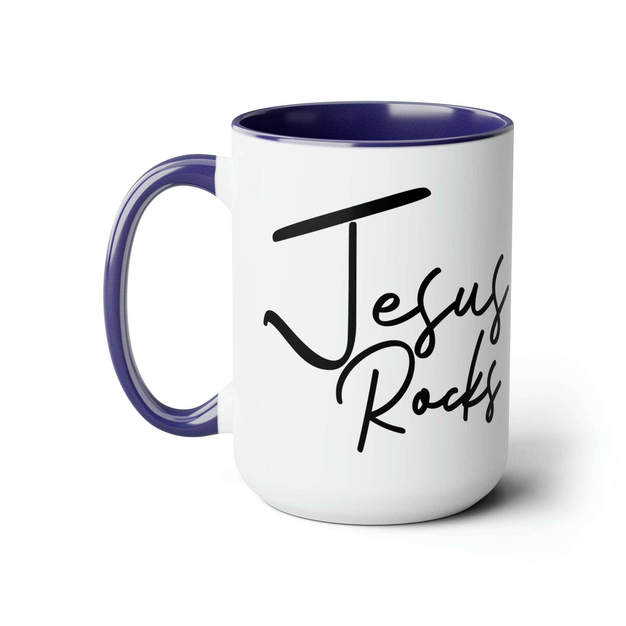 Black ceramic coffee mug with 'Jesus Rocks' text, featuring a colored interior and handle, perfect for hot and cold beverages.