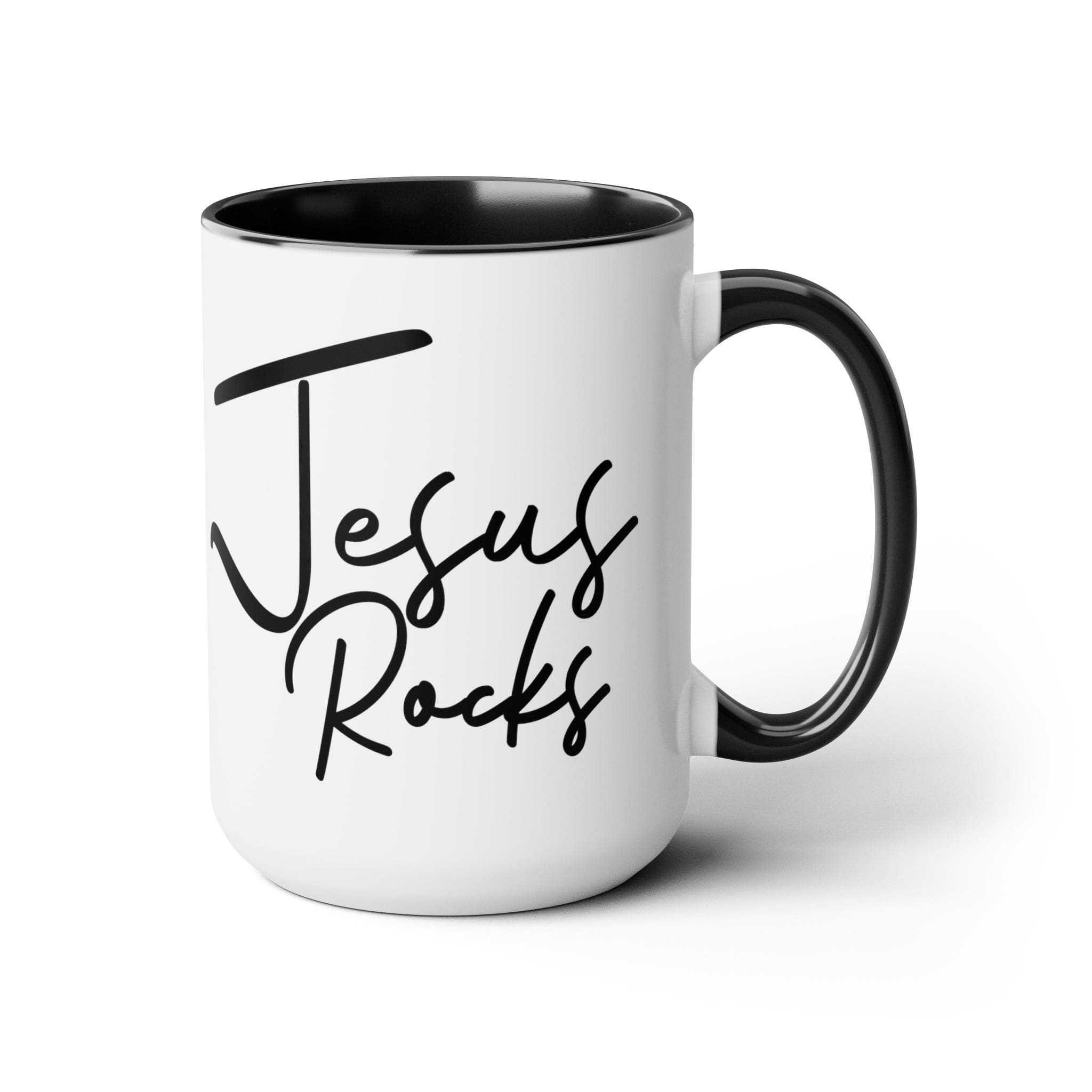 Black ceramic coffee mug with 'Jesus Rocks' text, featuring a colored interior and handle, perfect for hot and cold beverages.