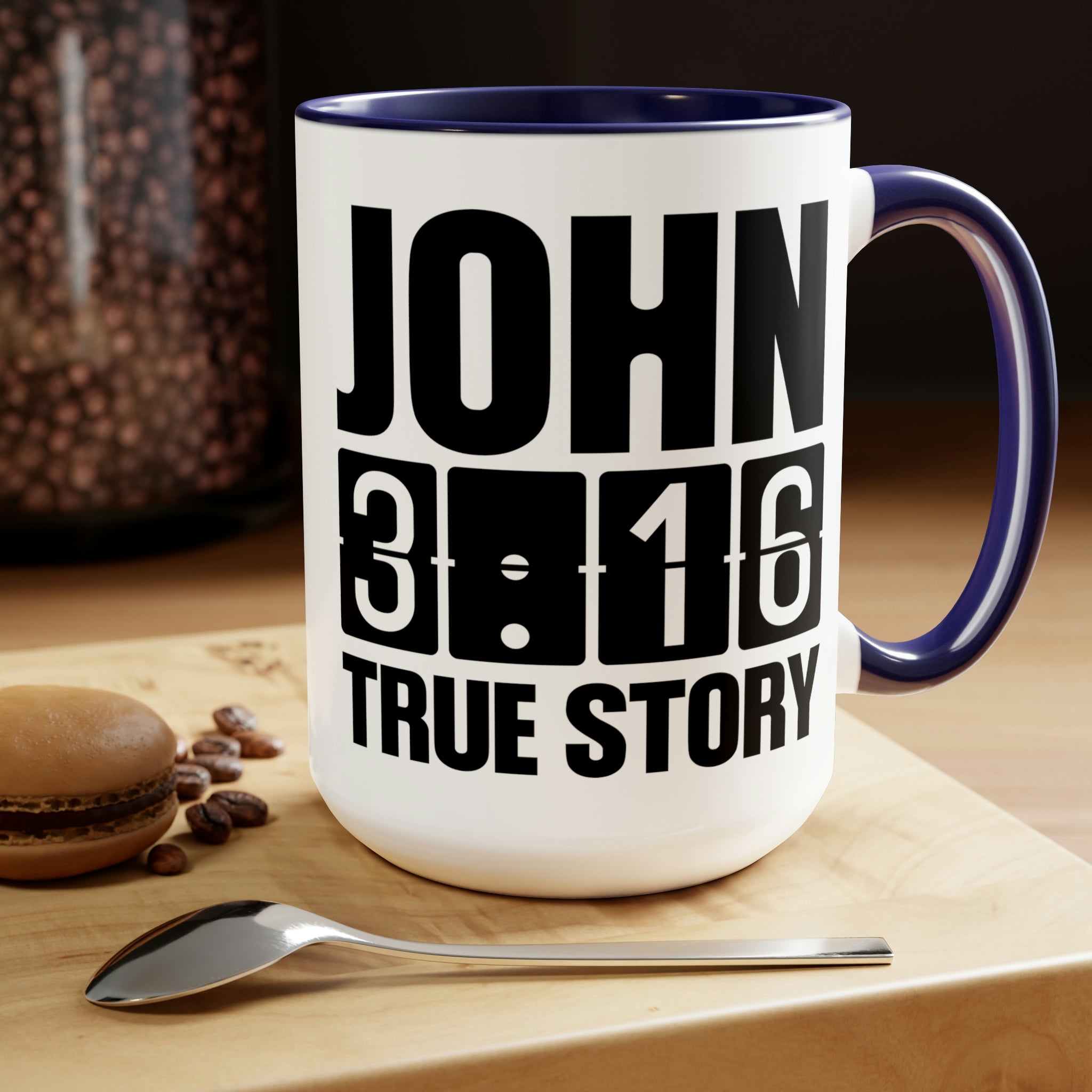 Accent Ceramic Coffee Mug 15oz with John 3:16 design, featuring a glossy finish and colorful handle.