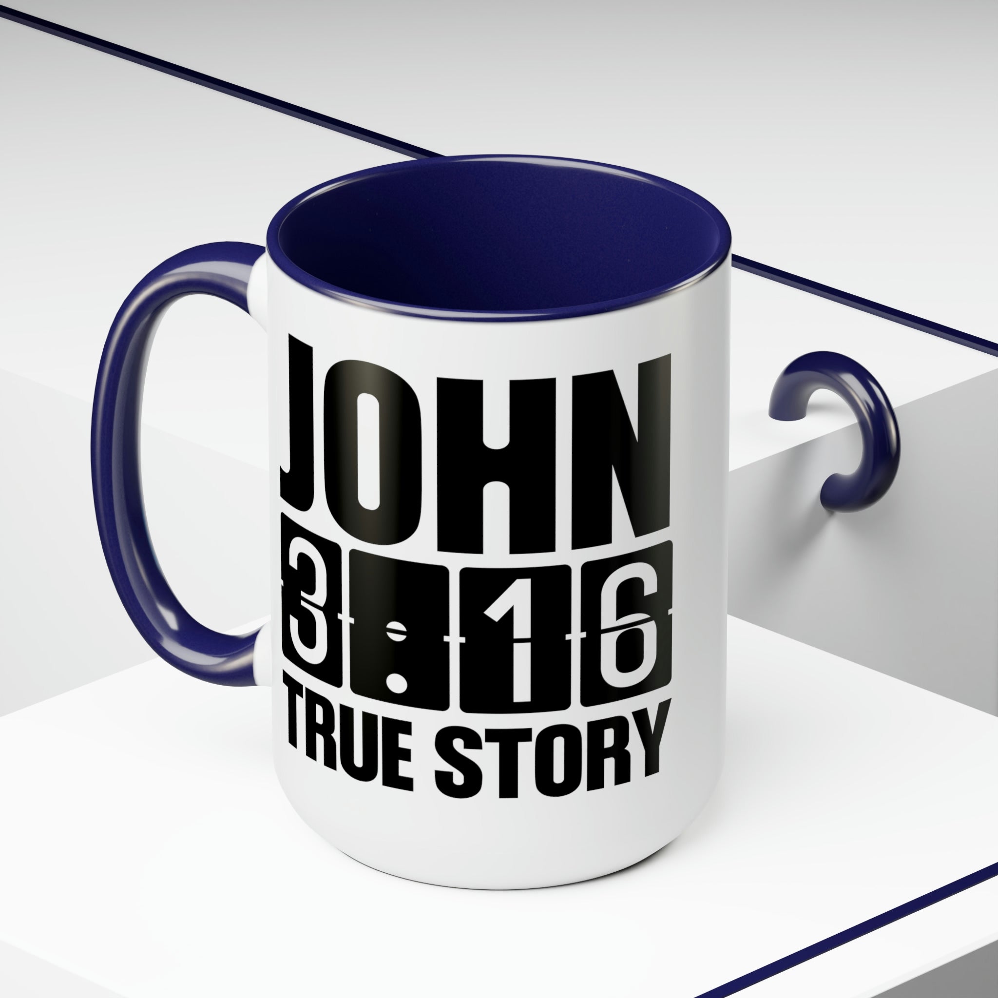 Accent Ceramic Coffee Mug 15oz with John 3:16 design, featuring a glossy finish and colorful handle.