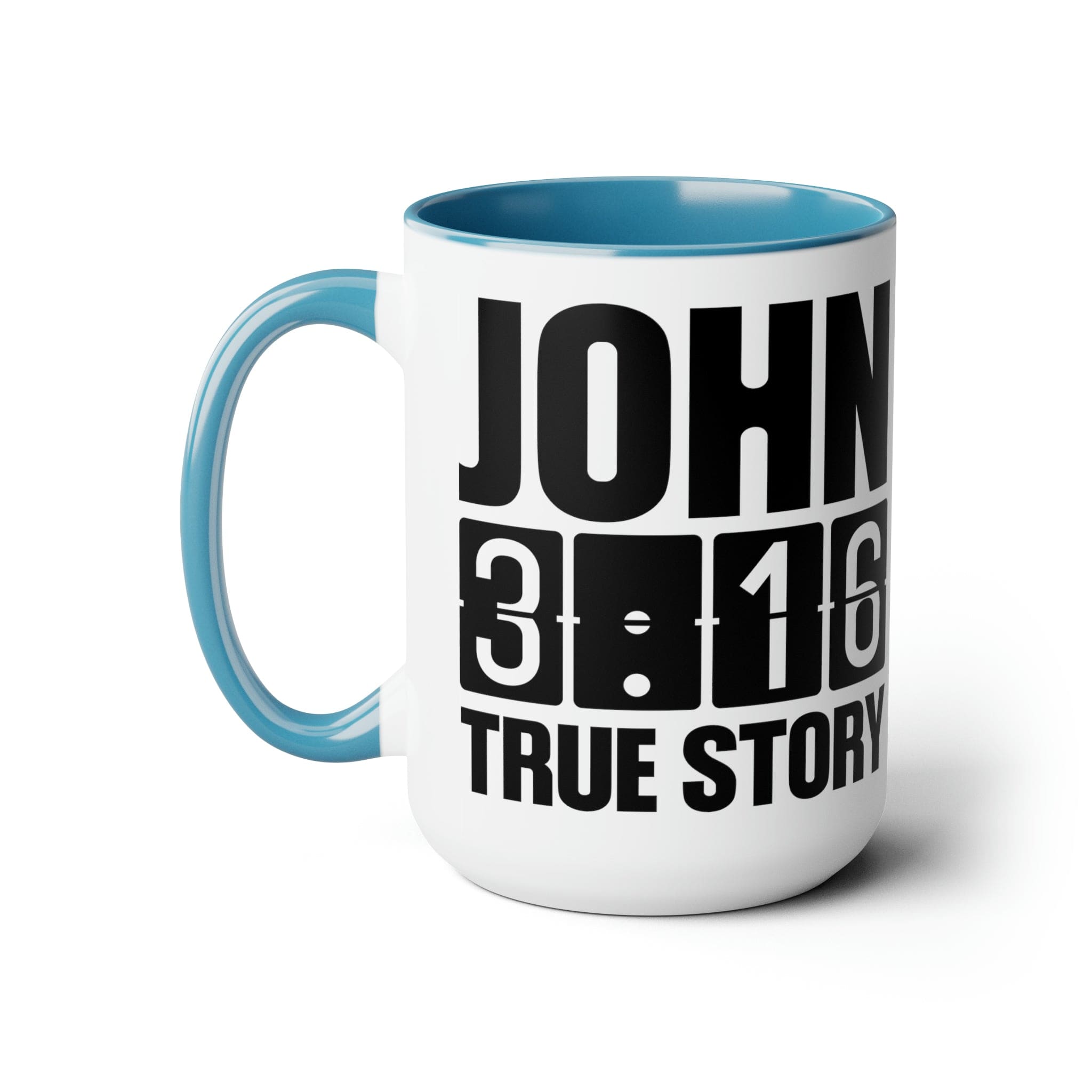 Accent Ceramic Coffee Mug 15oz with John 3:16 design, featuring a glossy finish and colorful handle.