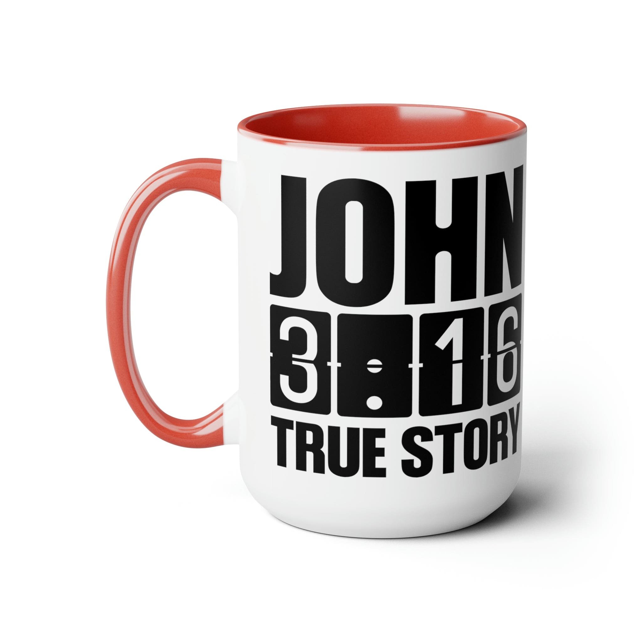 Accent Ceramic Coffee Mug 15oz with John 3:16 design, featuring a glossy finish and colorful handle.