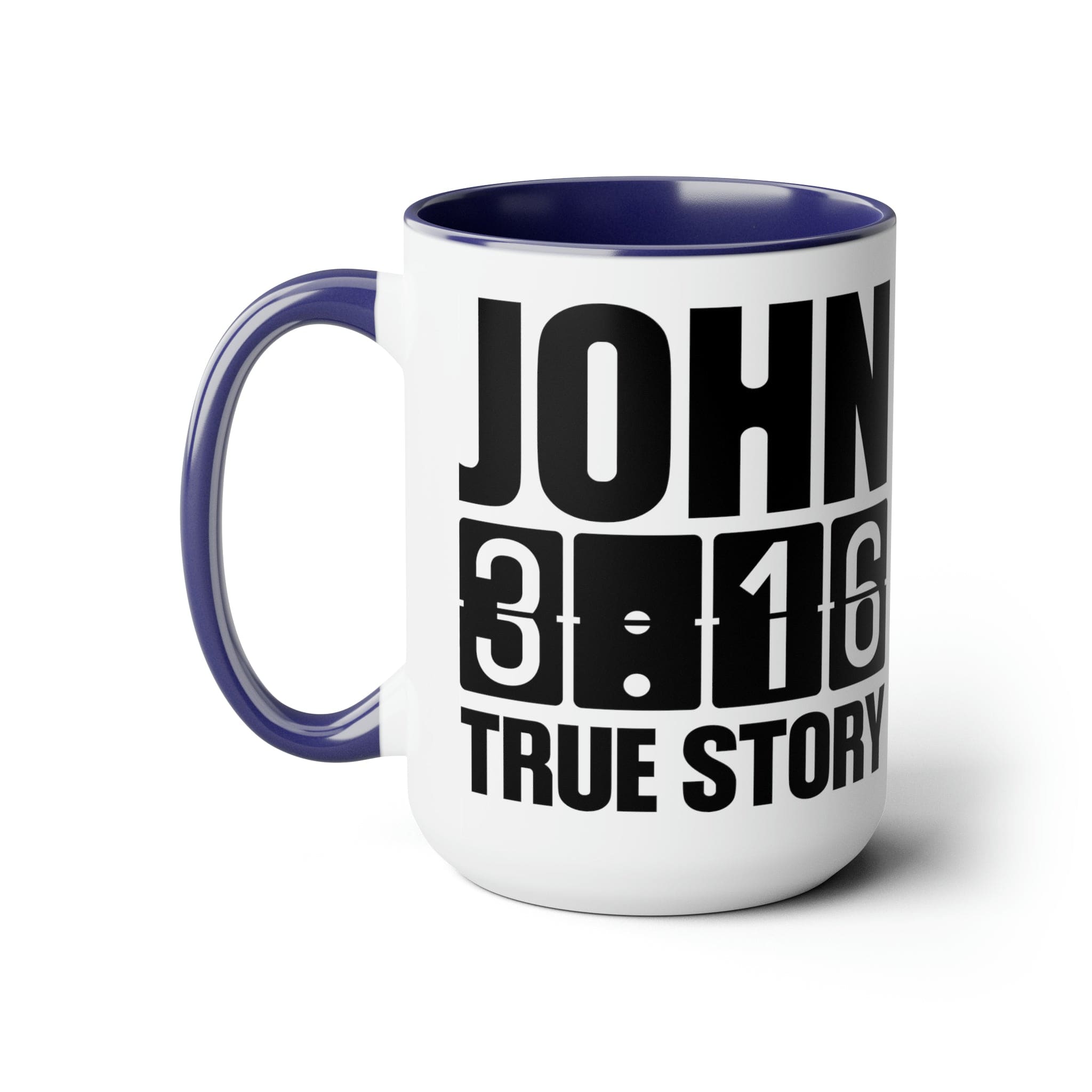 Accent Ceramic Coffee Mug 15oz with John 3:16 design, featuring a glossy finish and colorful handle.