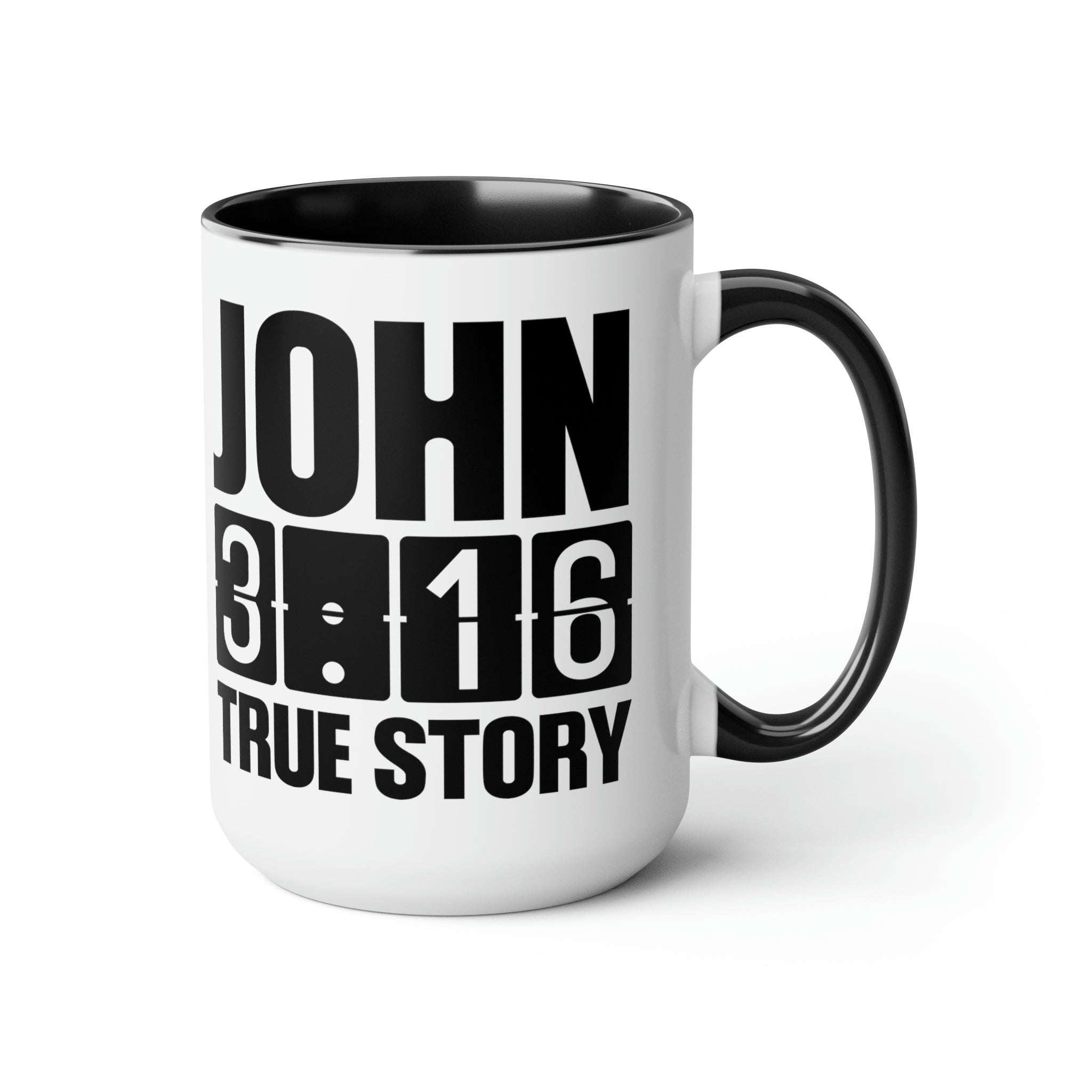 Accent Ceramic Coffee Mug 15oz with John 3:16 design, featuring a glossy finish and colorful handle.