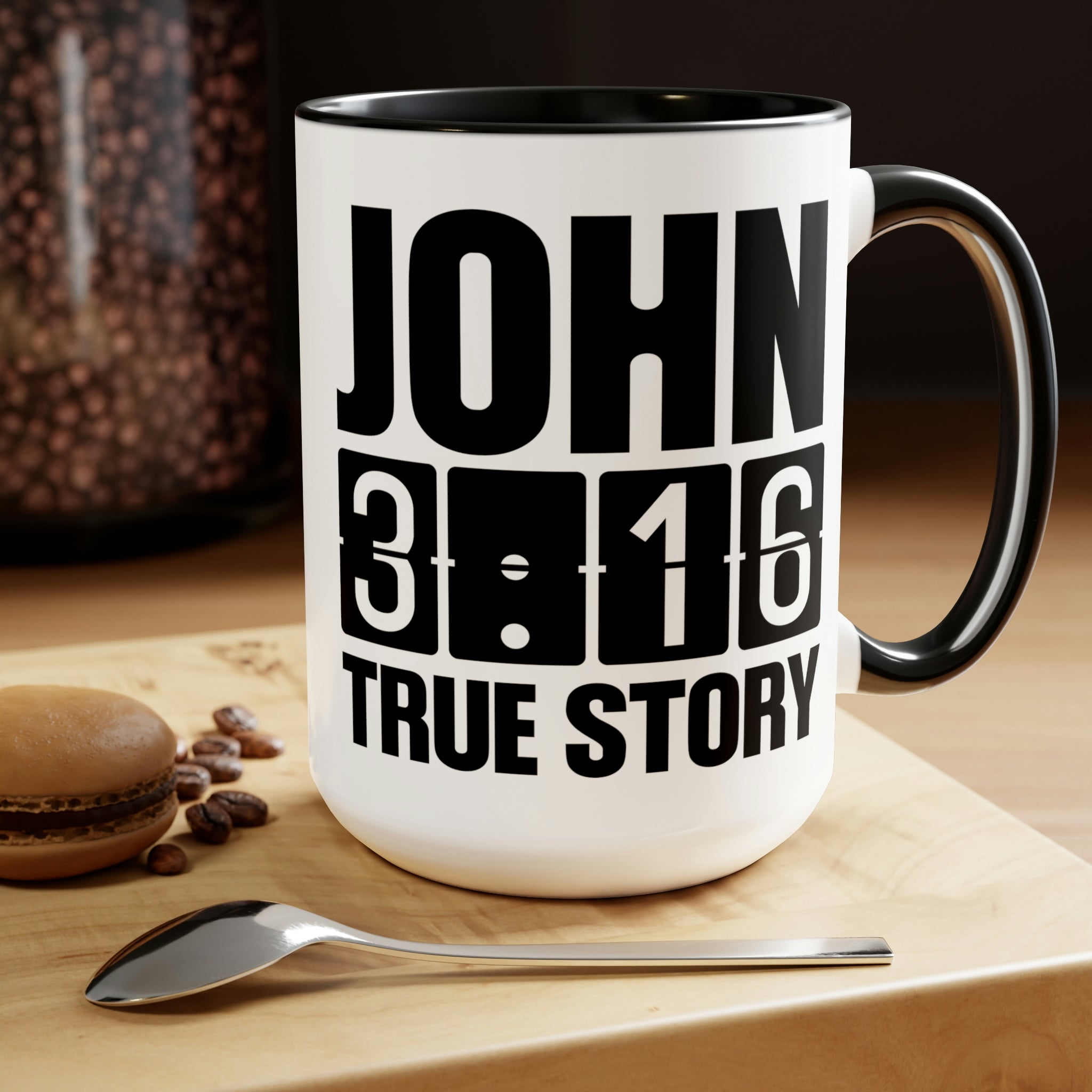 Accent Ceramic Coffee Mug 15oz with John 3:16 design, featuring a glossy finish and colorful handle.