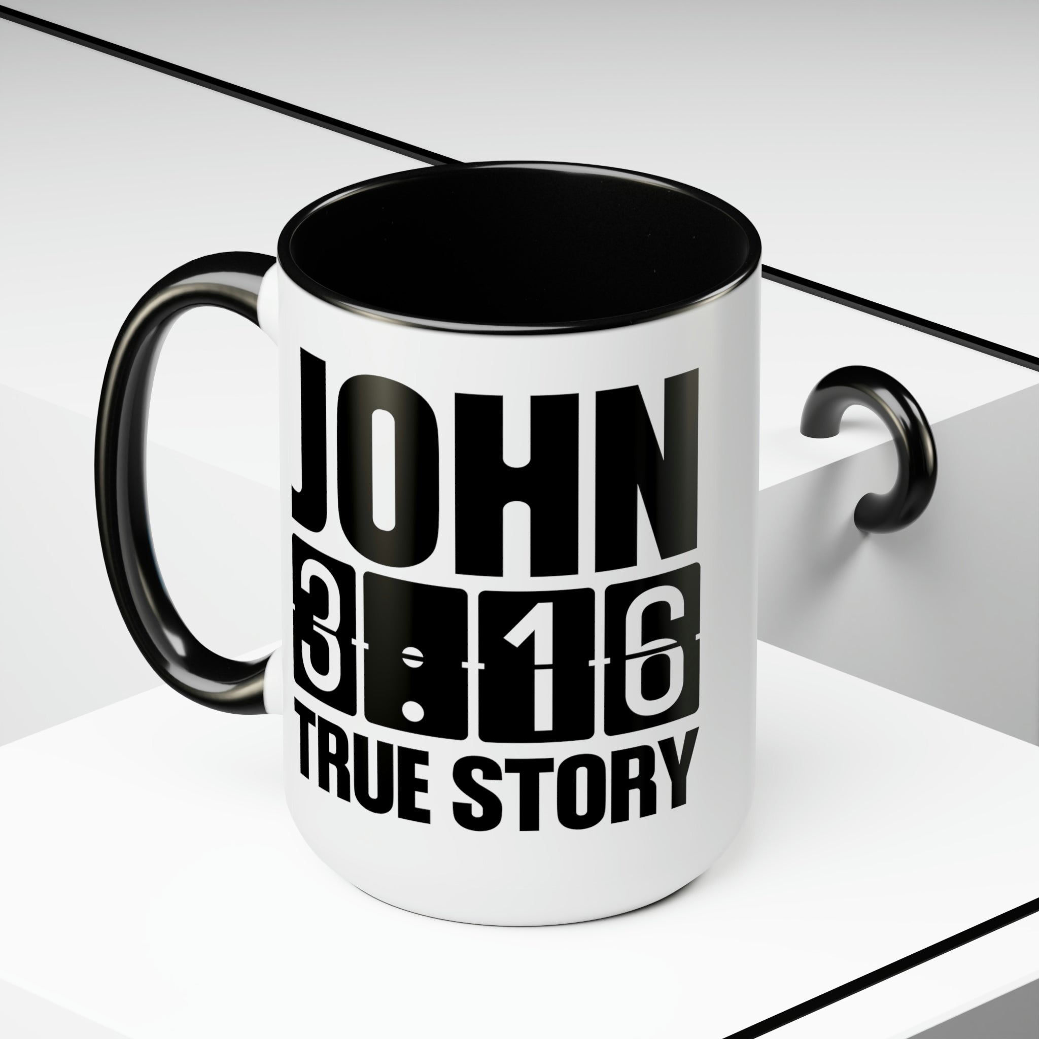 Accent Ceramic Coffee Mug 15oz with John 3:16 design, featuring a glossy finish and colorful handle.