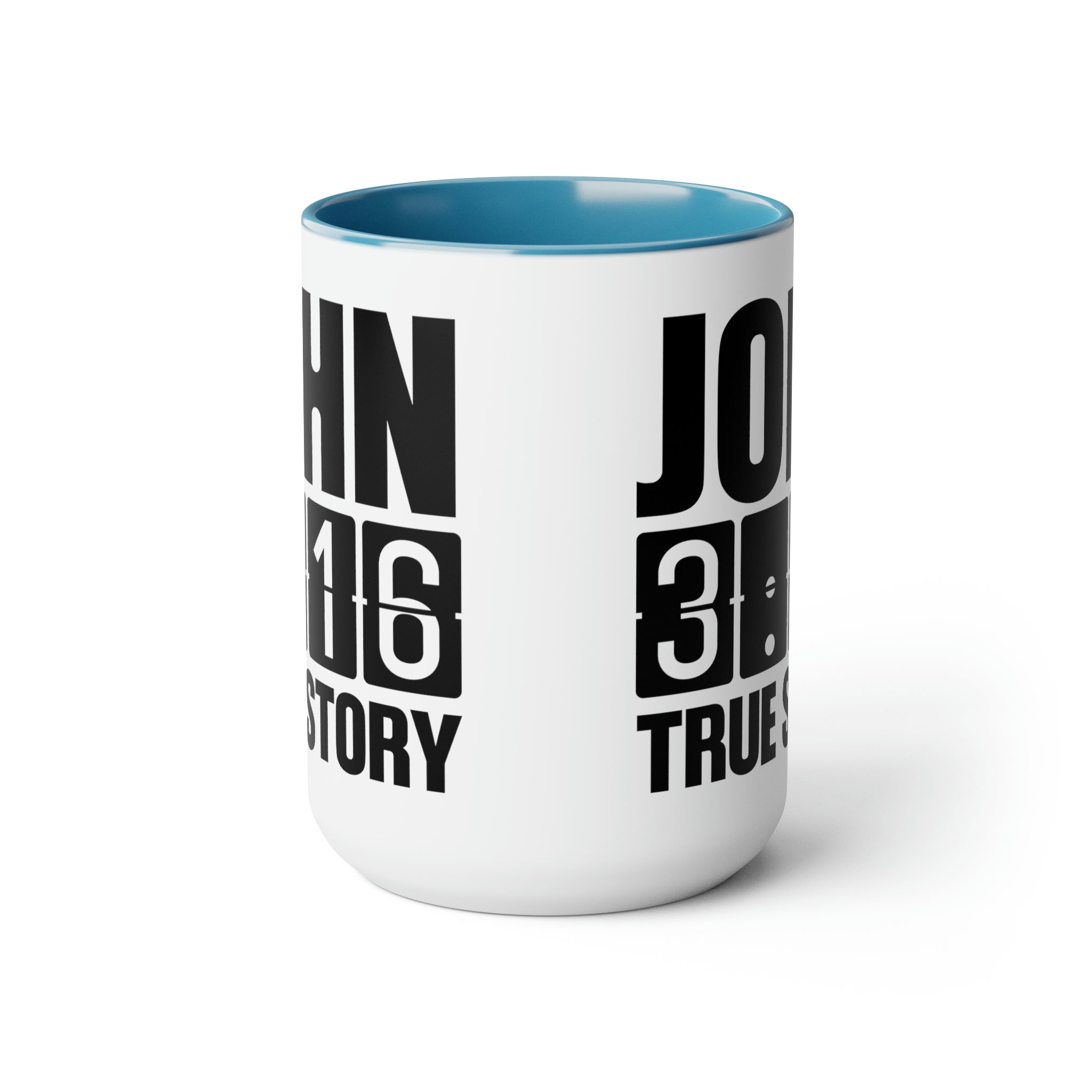 Accent Ceramic Coffee Mug 15oz with John 3:16 design, featuring a glossy finish and colorful handle.