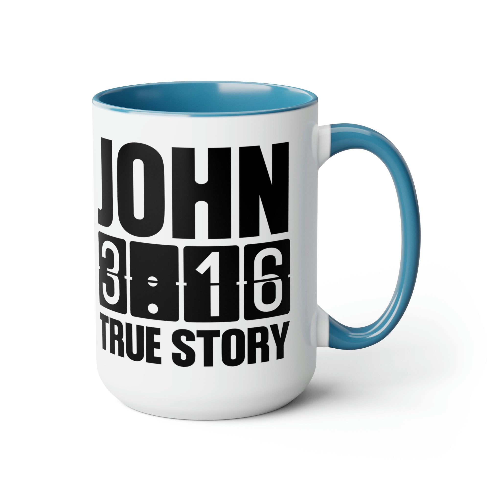 Accent Ceramic Coffee Mug 15oz with John 3:16 design, featuring a glossy finish and colorful handle.