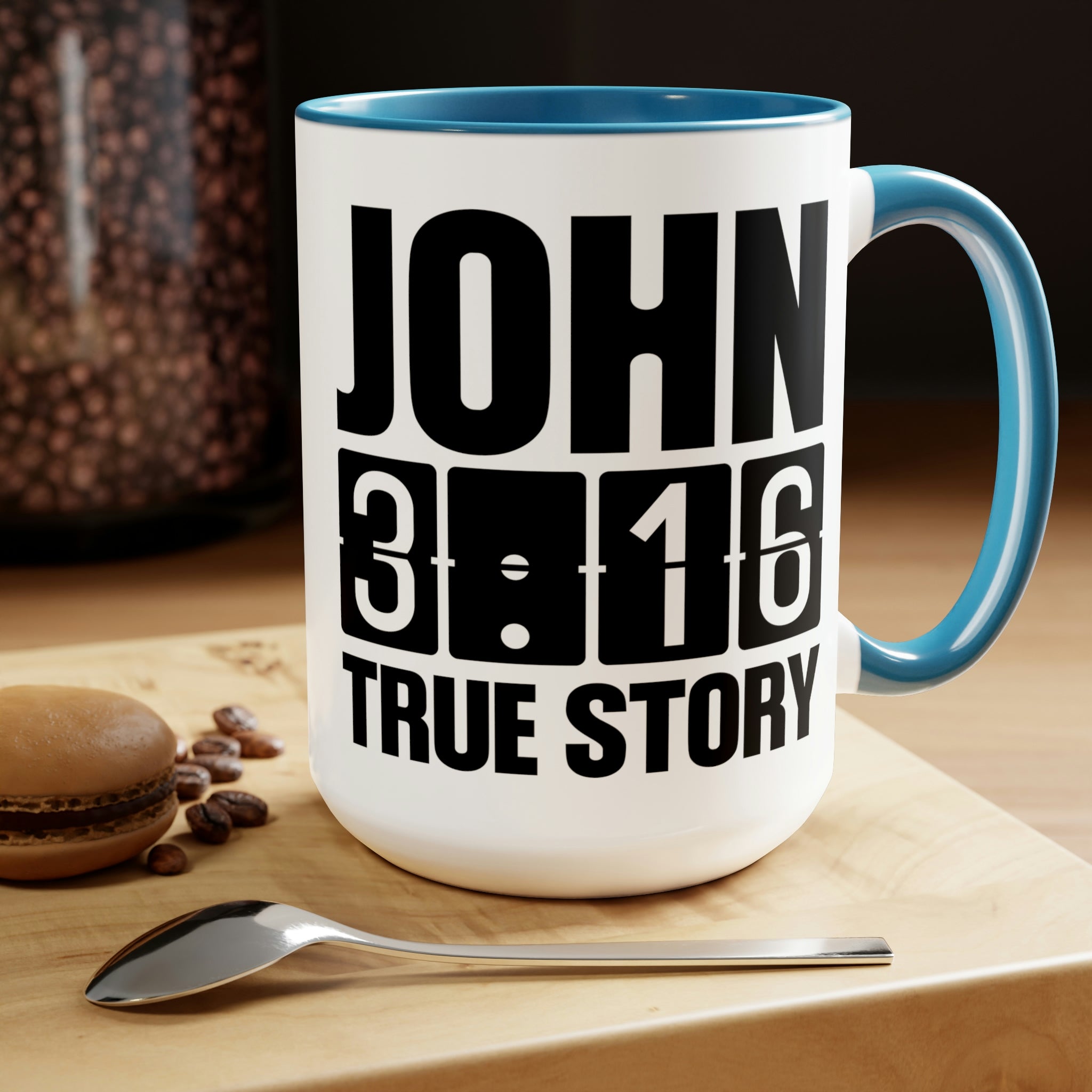 Accent Ceramic Coffee Mug 15oz with John 3:16 design, featuring a glossy finish and colorful handle.