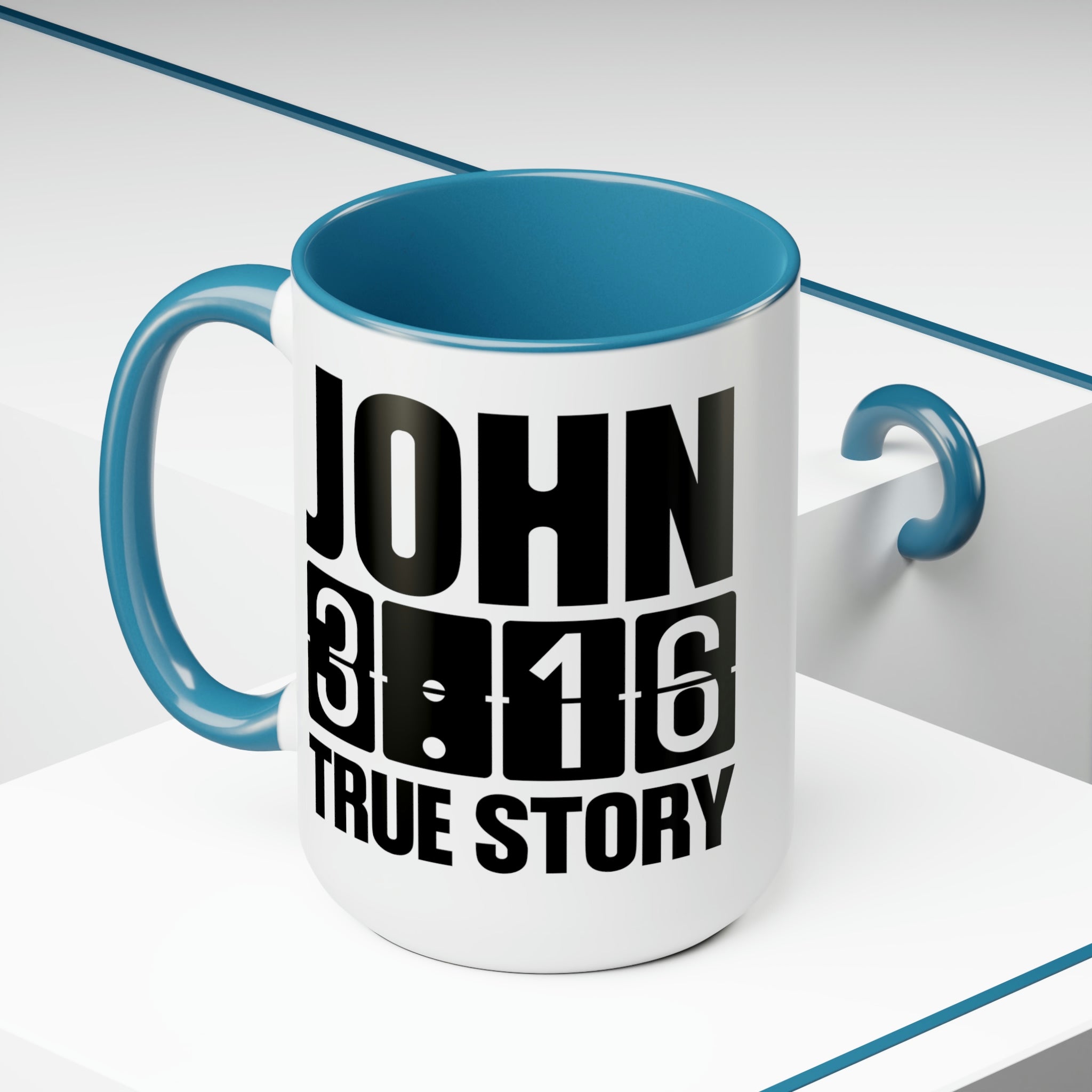 Accent Ceramic Coffee Mug 15oz with John 3:16 design, featuring a glossy finish and colorful handle.