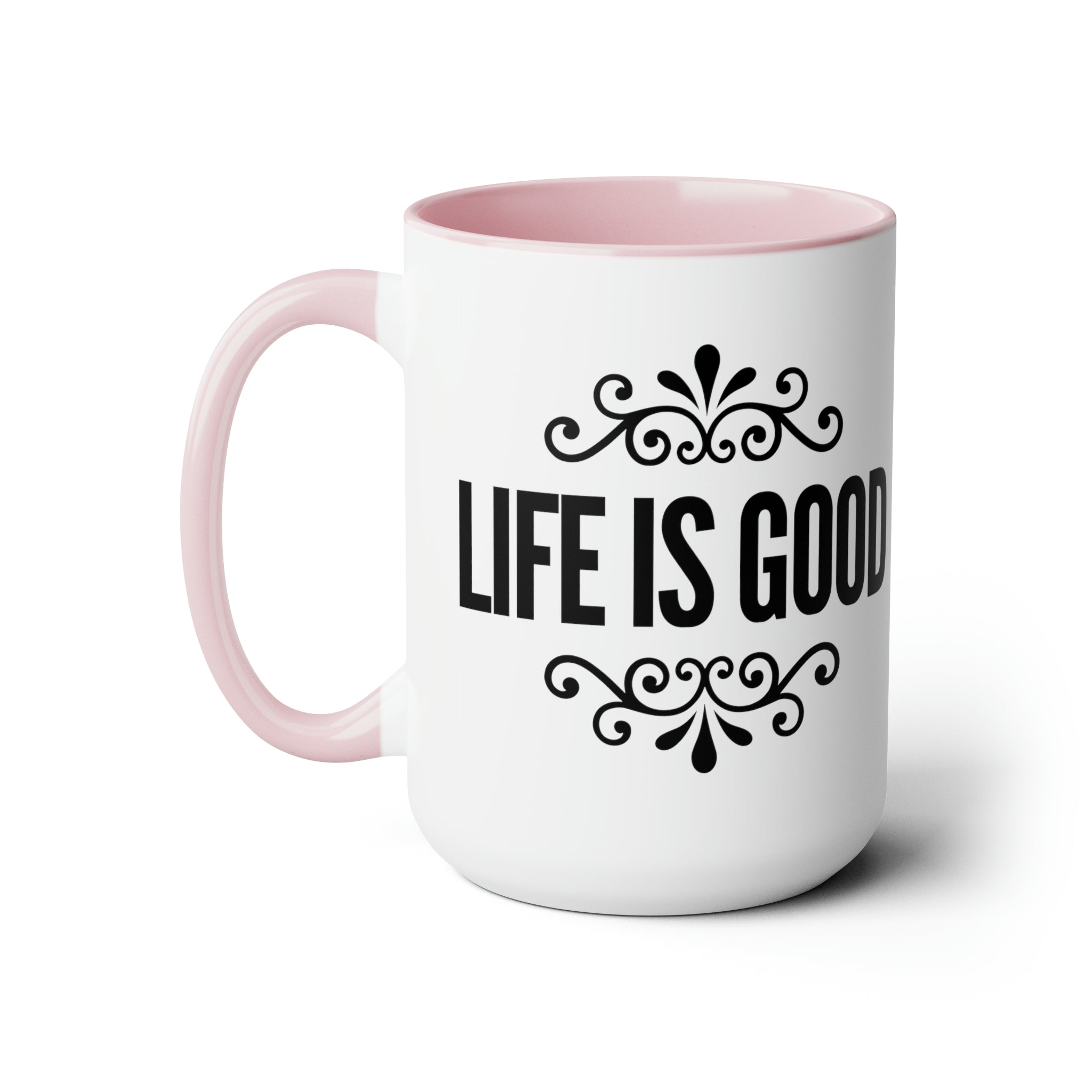 Accent Ceramic Coffee Mug 15oz with Life Is Good graphic illustration, featuring a white exterior and colorful interior.