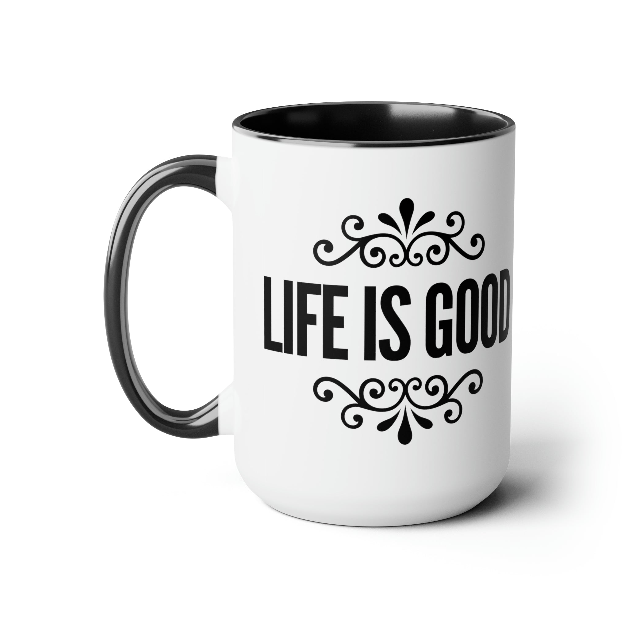 Accent Ceramic Coffee Mug 15oz with Life Is Good graphic illustration, featuring a white exterior and colorful interior.