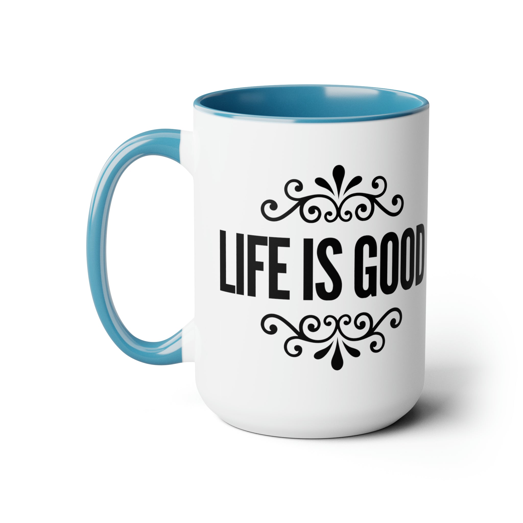 Accent Ceramic Coffee Mug 15oz with Life Is Good graphic illustration, featuring a white exterior and colorful interior.