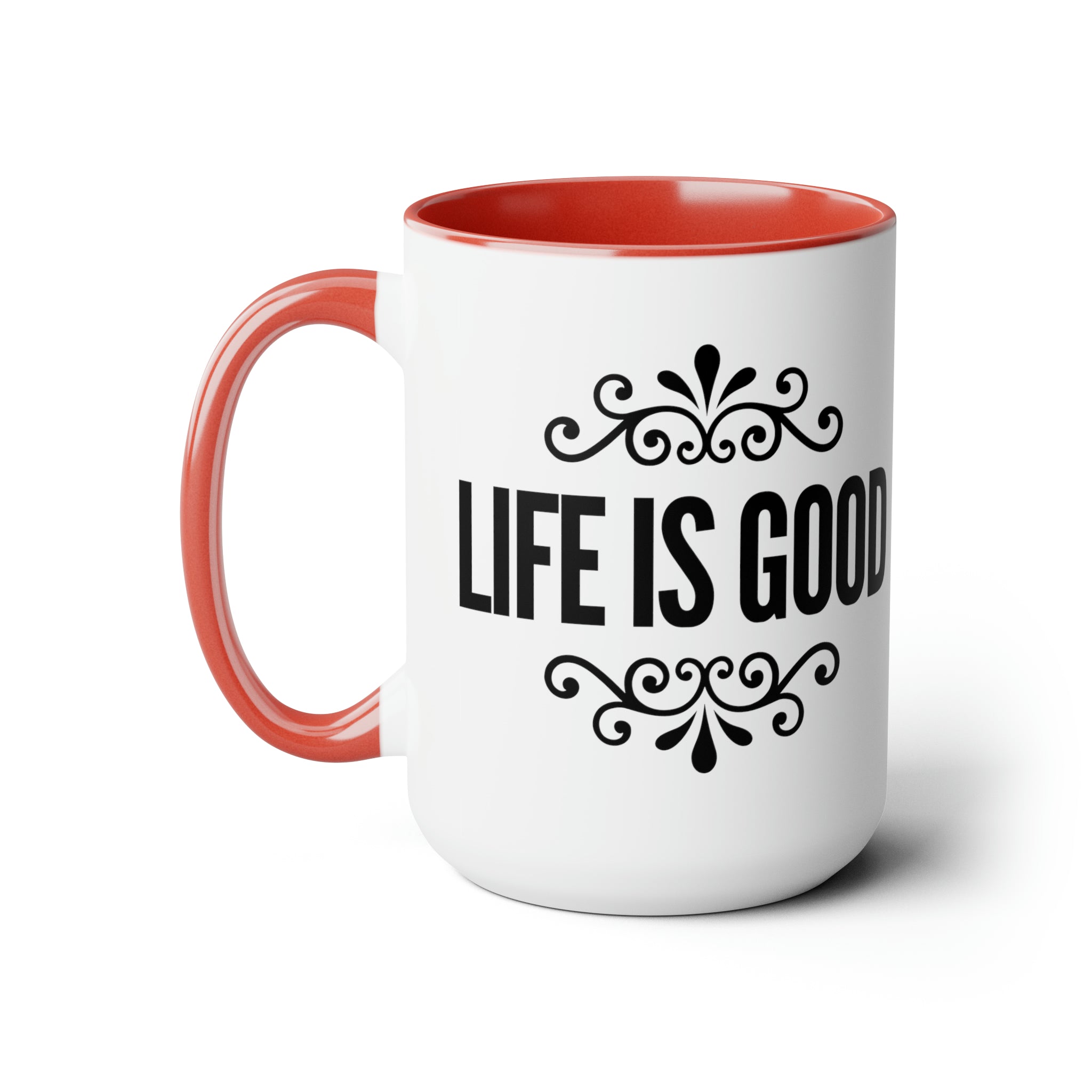 Accent Ceramic Coffee Mug 15oz with Life Is Good graphic illustration, featuring a white exterior and colorful interior.