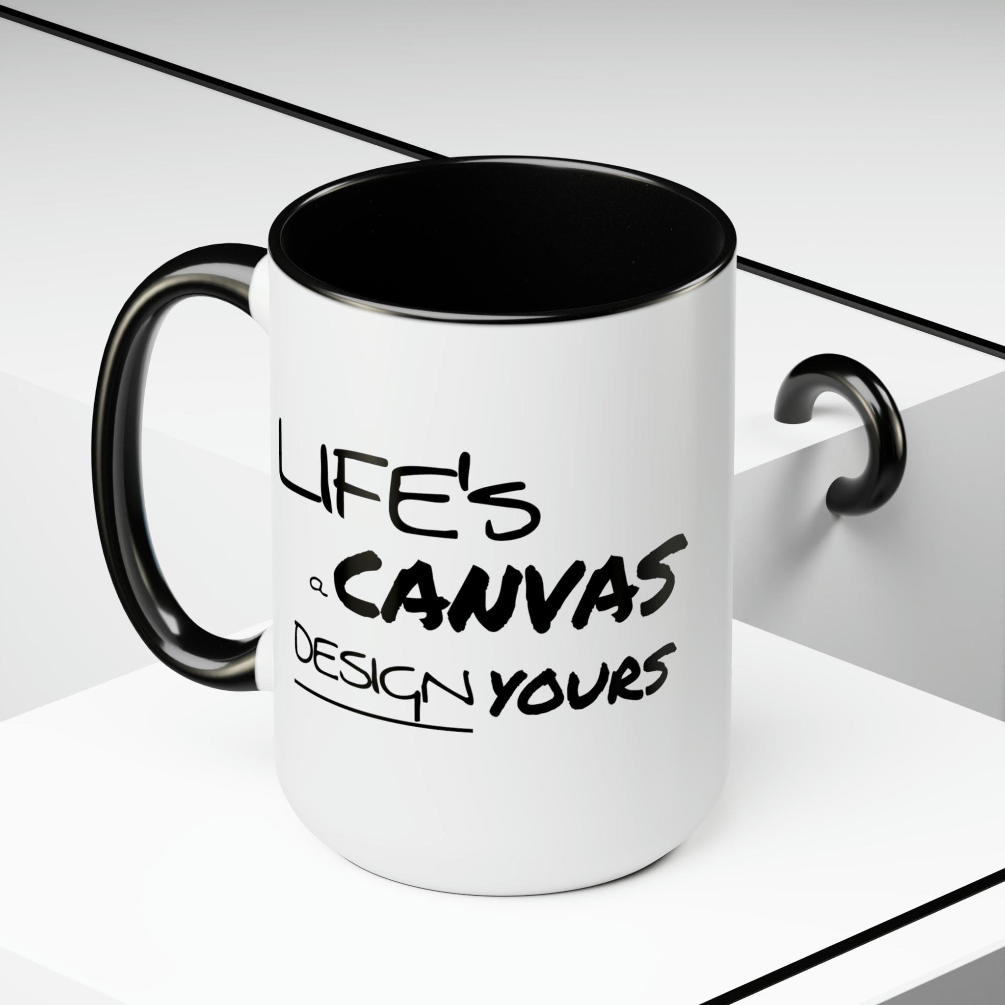 Black ceramic coffee mug with a motivational design, featuring a colored interior and handle, perfect for hot and cold beverages.