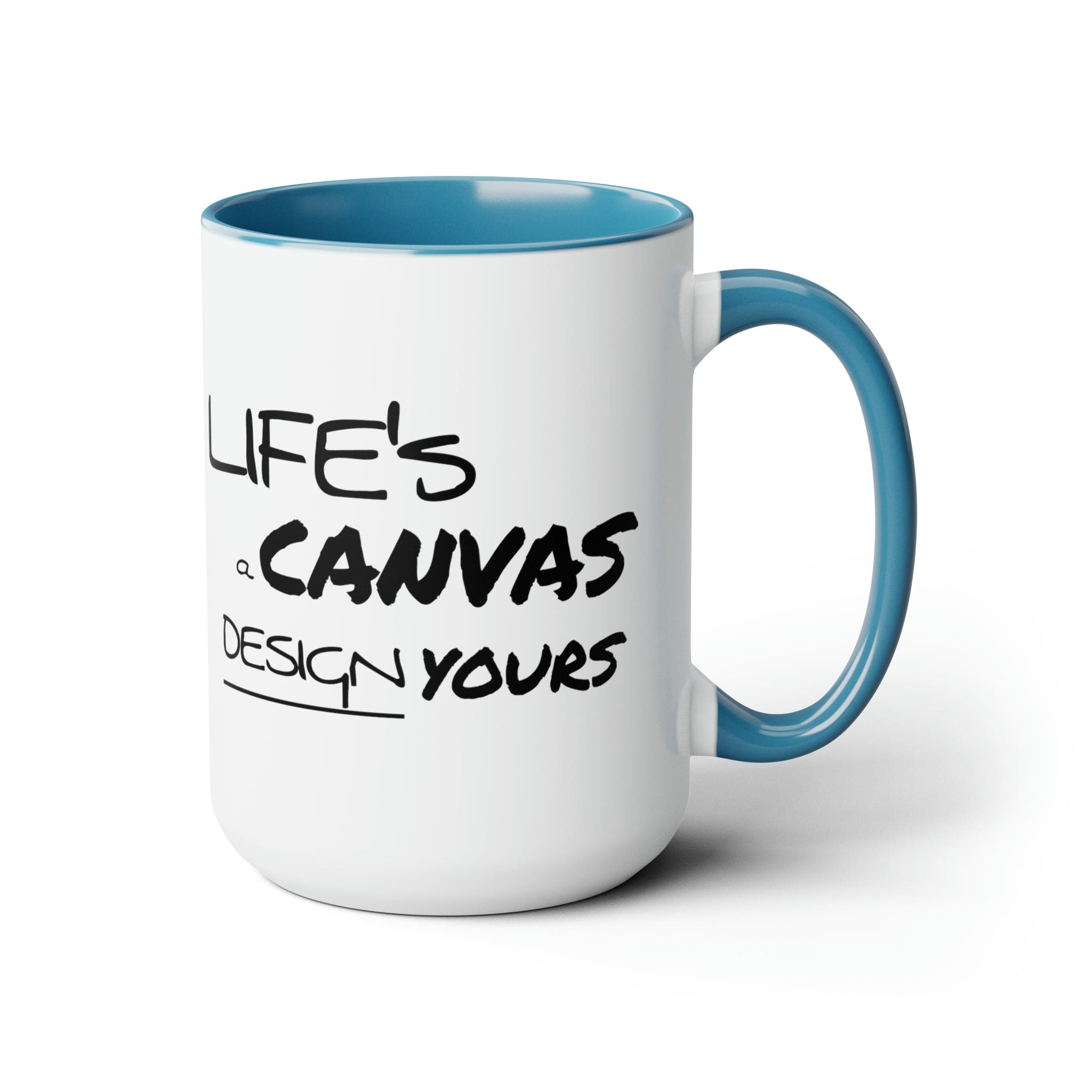 Black ceramic coffee mug with a motivational design, featuring a colored interior and handle, perfect for hot and cold beverages.