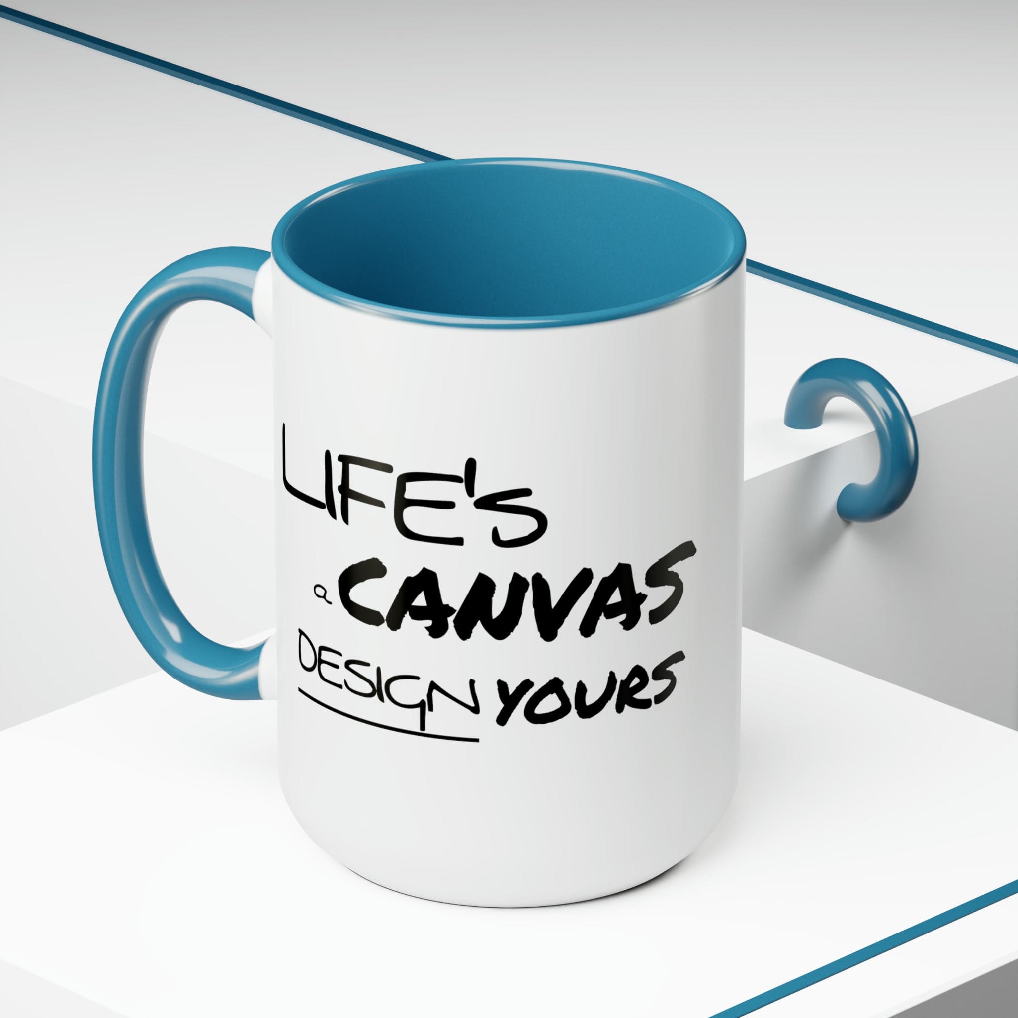 Black ceramic coffee mug with a motivational design, featuring a colored interior and handle, perfect for hot and cold beverages.