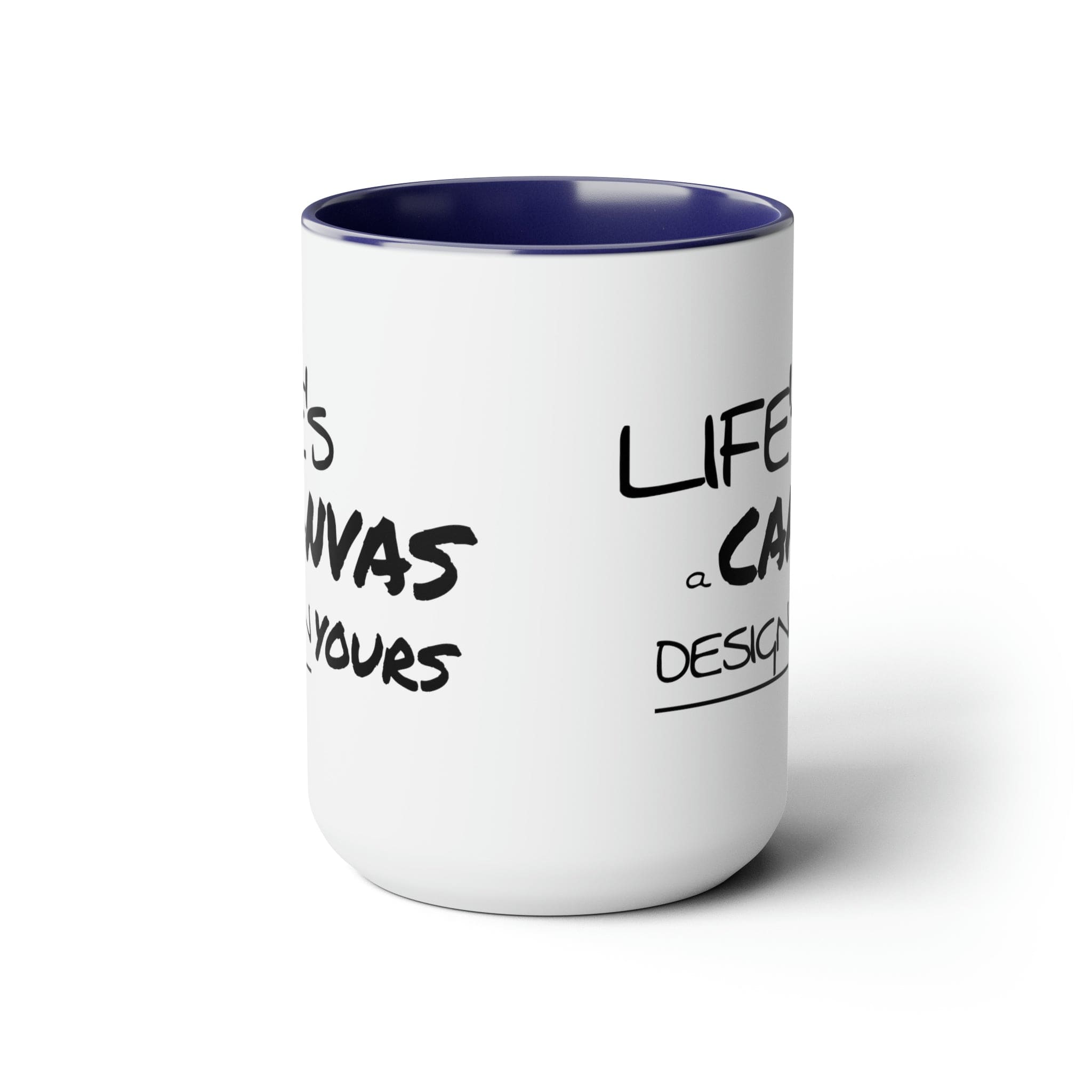 Black ceramic coffee mug with a motivational design, featuring a colored interior and handle, perfect for hot and cold beverages.